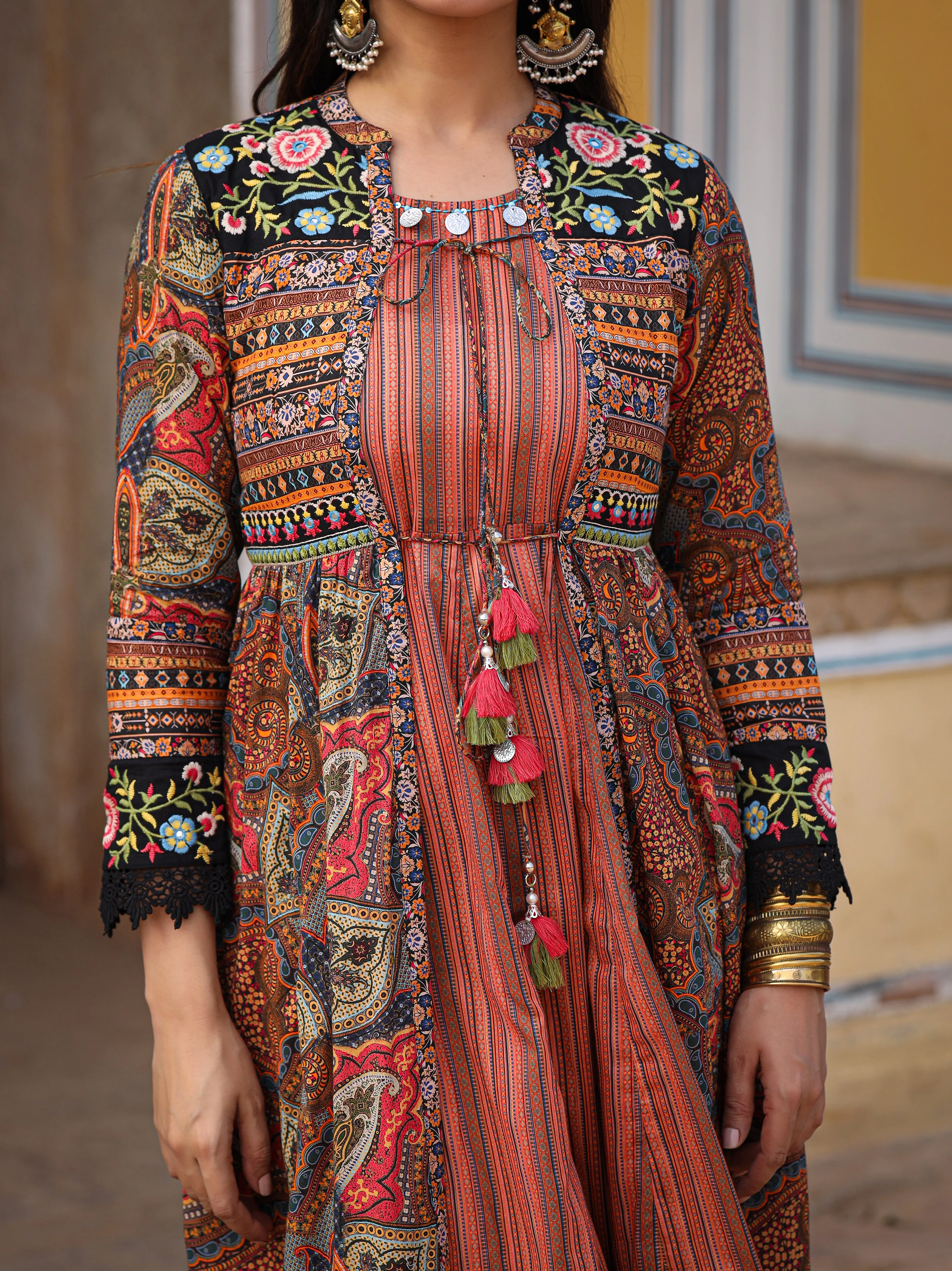 Multi Colored Cotton Maxi Dress with Ethnic Motifs, Embroidered Jacket, and Long Sleeves