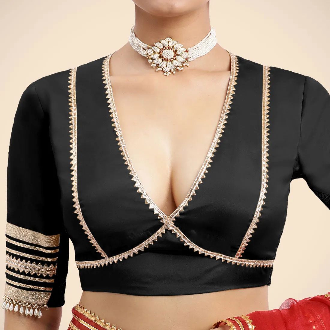 Nafeeza x Tyohaar | Charcoal Black Embellished Elbow Sleeves FlexiFit™ Saree Blouse with Plunging V Neckline with Tasteful Golden Gota Lace