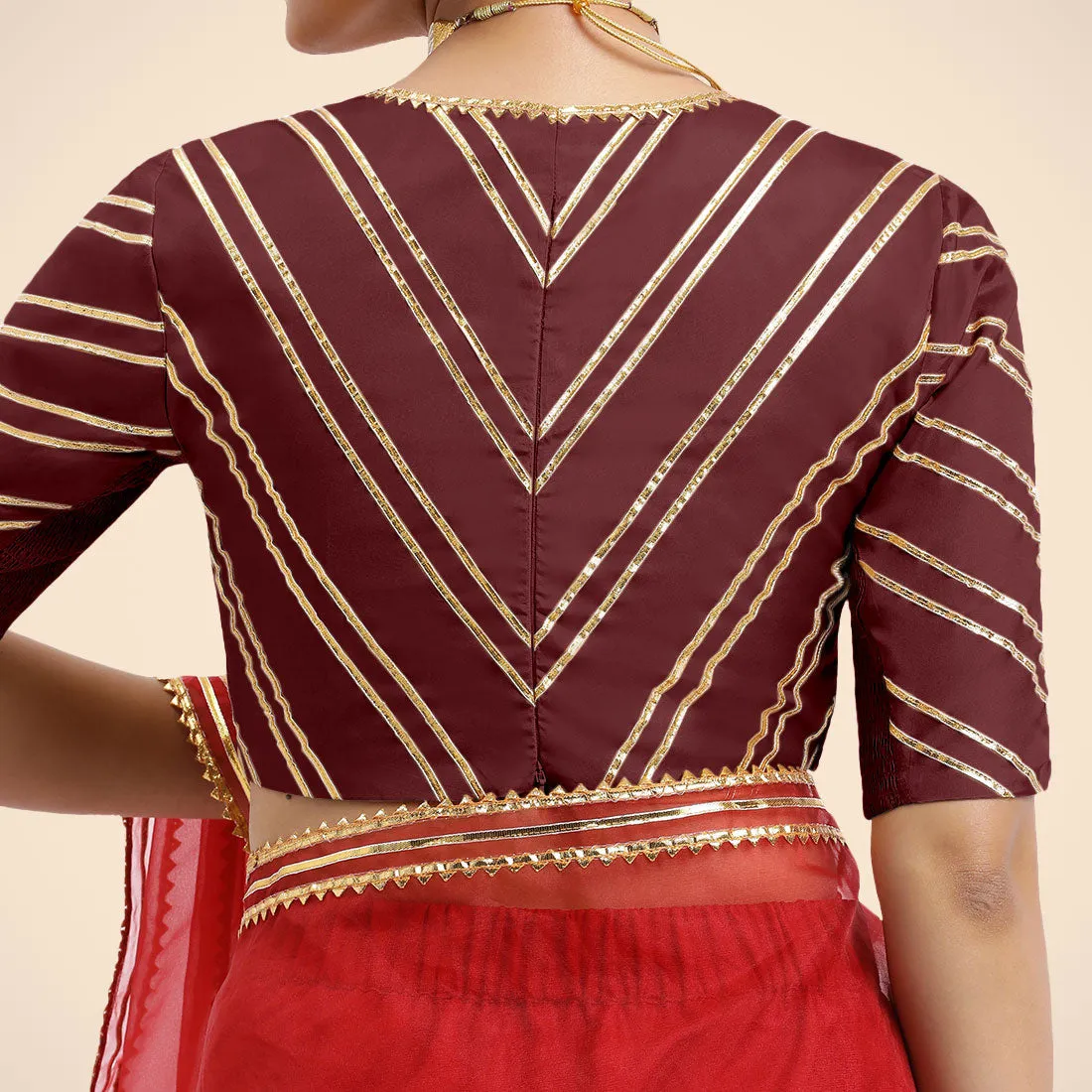 Navya x Tyohaar | Burgundy Elbow Sleeves FlexiFit™ Saree Blouse with Plunging V Neckline with Tasteful Golden Gota Lace