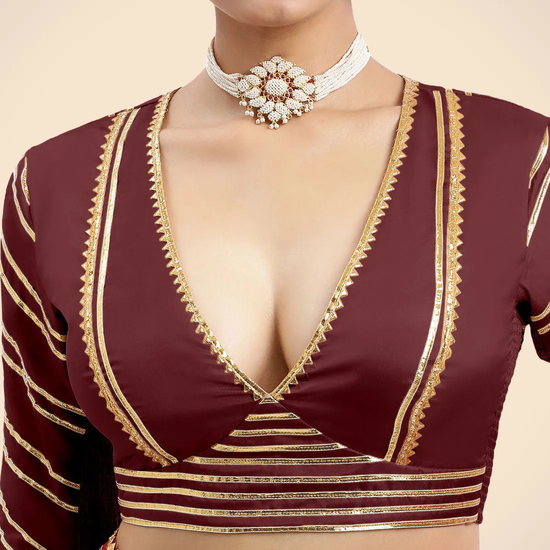 Navya x Tyohaar | Burgundy Elbow Sleeves FlexiFit™ Saree Blouse with Plunging V Neckline with Tasteful Golden Gota Lace