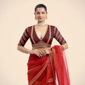 Navya x Tyohaar | Burgundy Elbow Sleeves FlexiFit™ Saree Blouse with Plunging V Neckline with Tasteful Golden Gota Lace