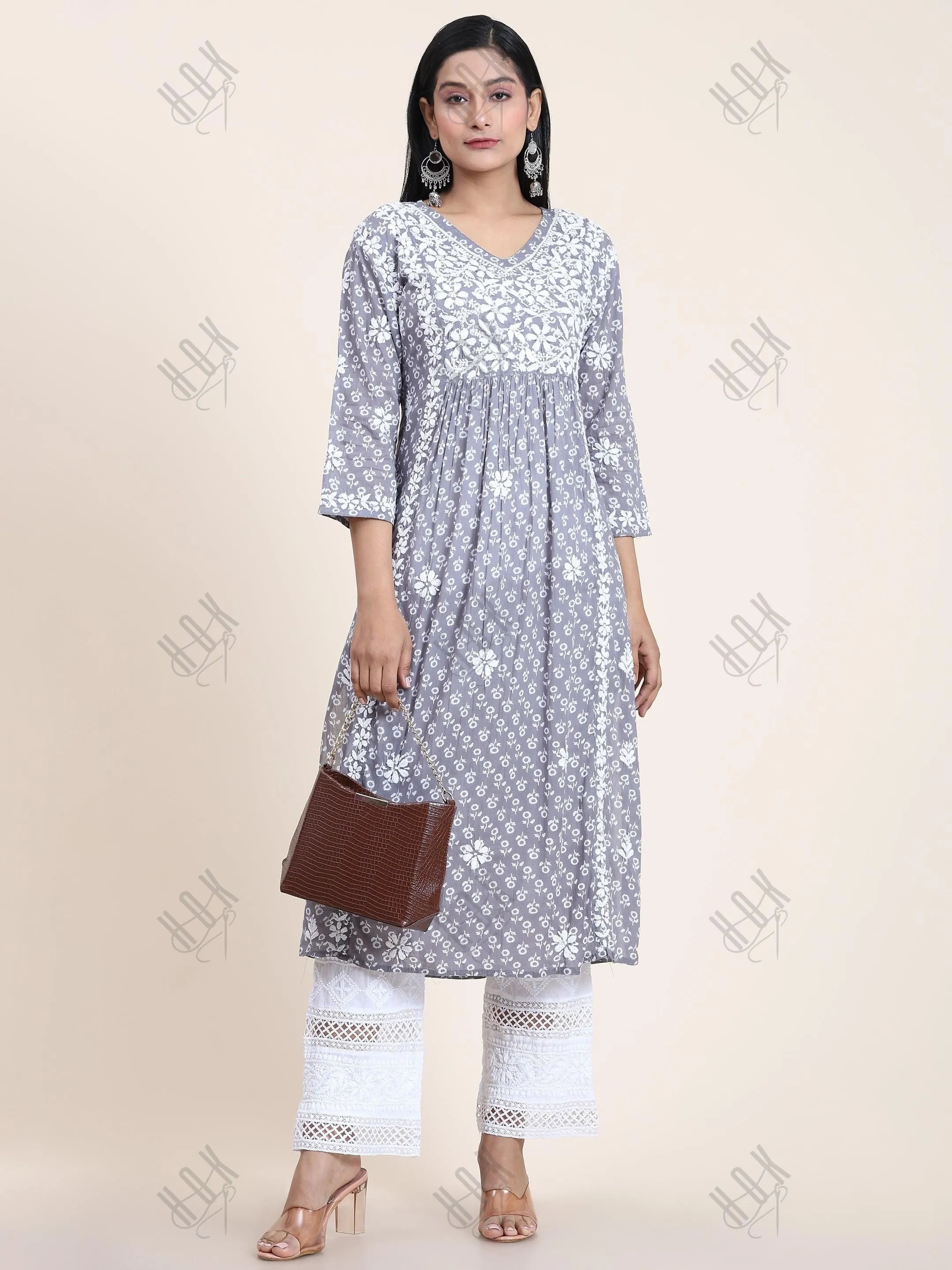 Noor Mul Printed Hand Embroidery Chikankari Kurta- Grey