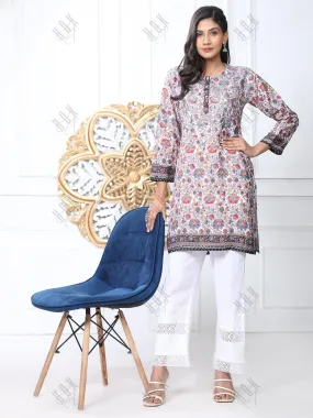 Noor Premium Printed PolySilk Long Chikankari Tunic for Women -Floral with Grey work