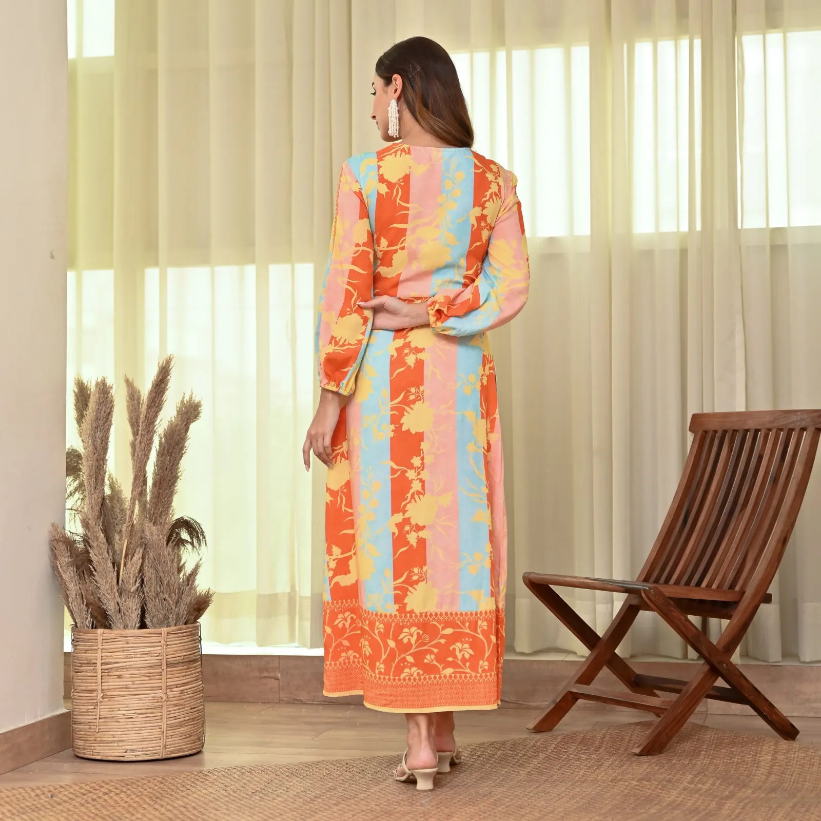 Orange Blue Side Slit Long Dress with Bishop Sleeves