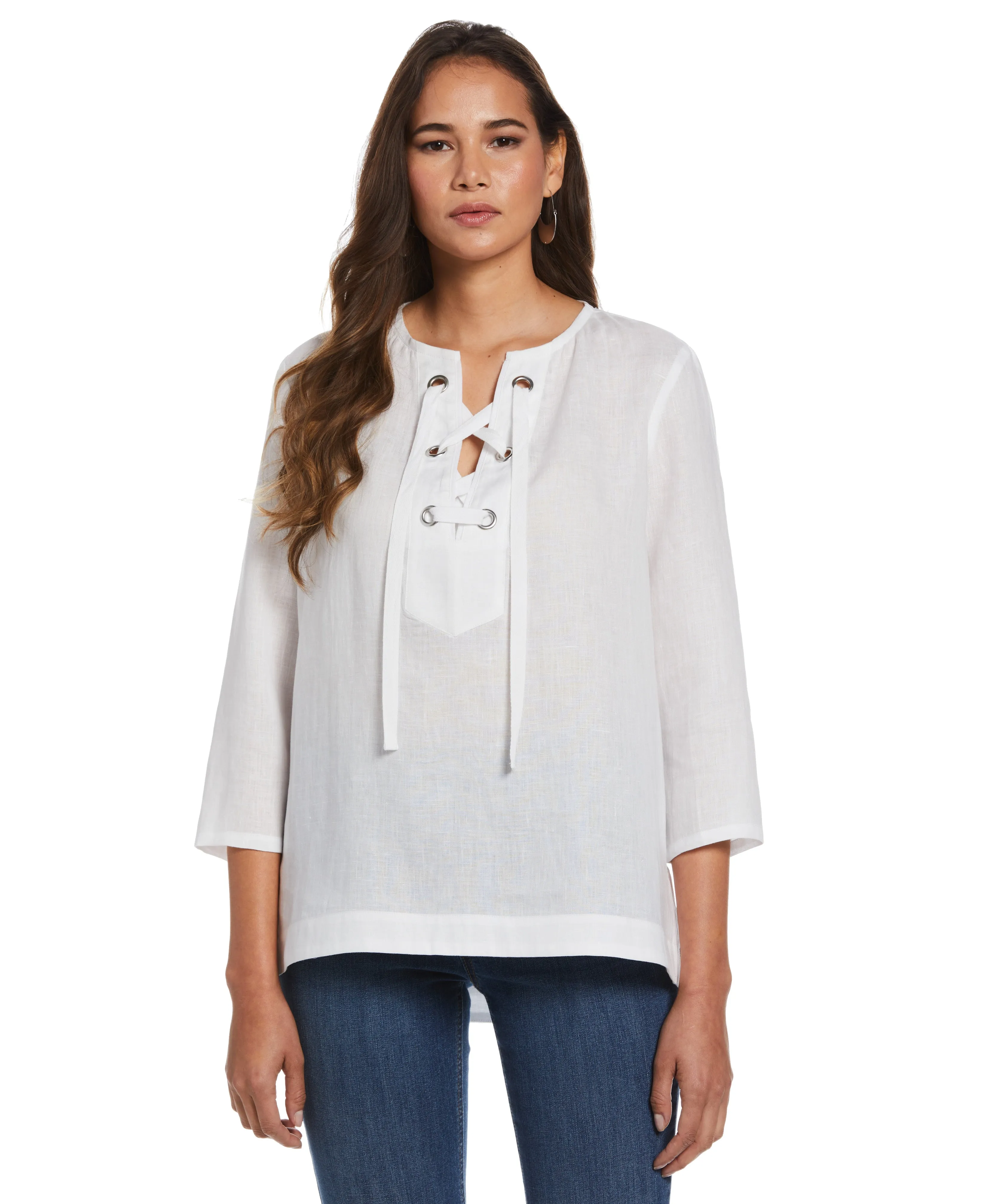 Petite 100% Linen Front Lace Up Top