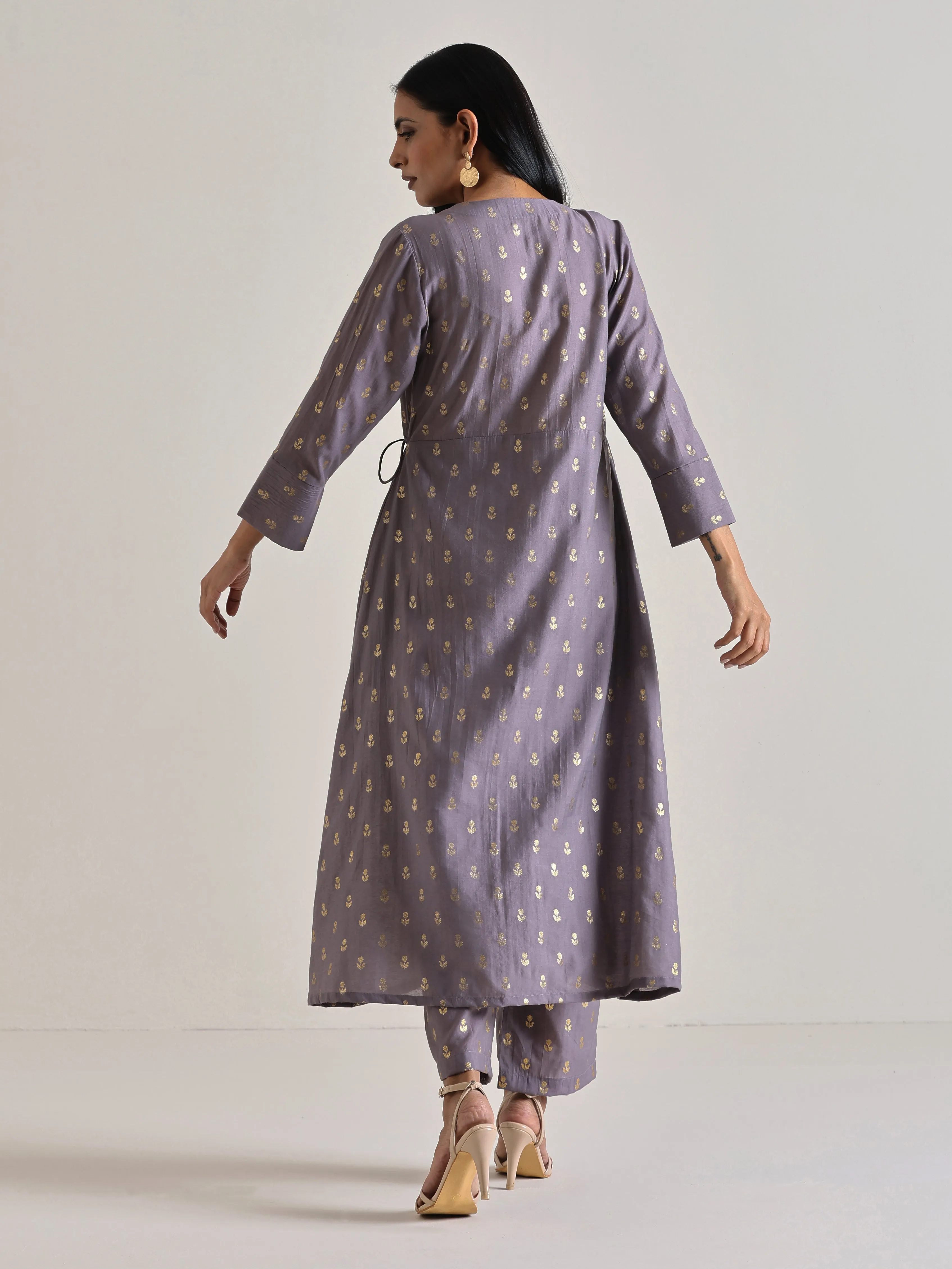 Plum Grey Foil Angrakha Kurta Set