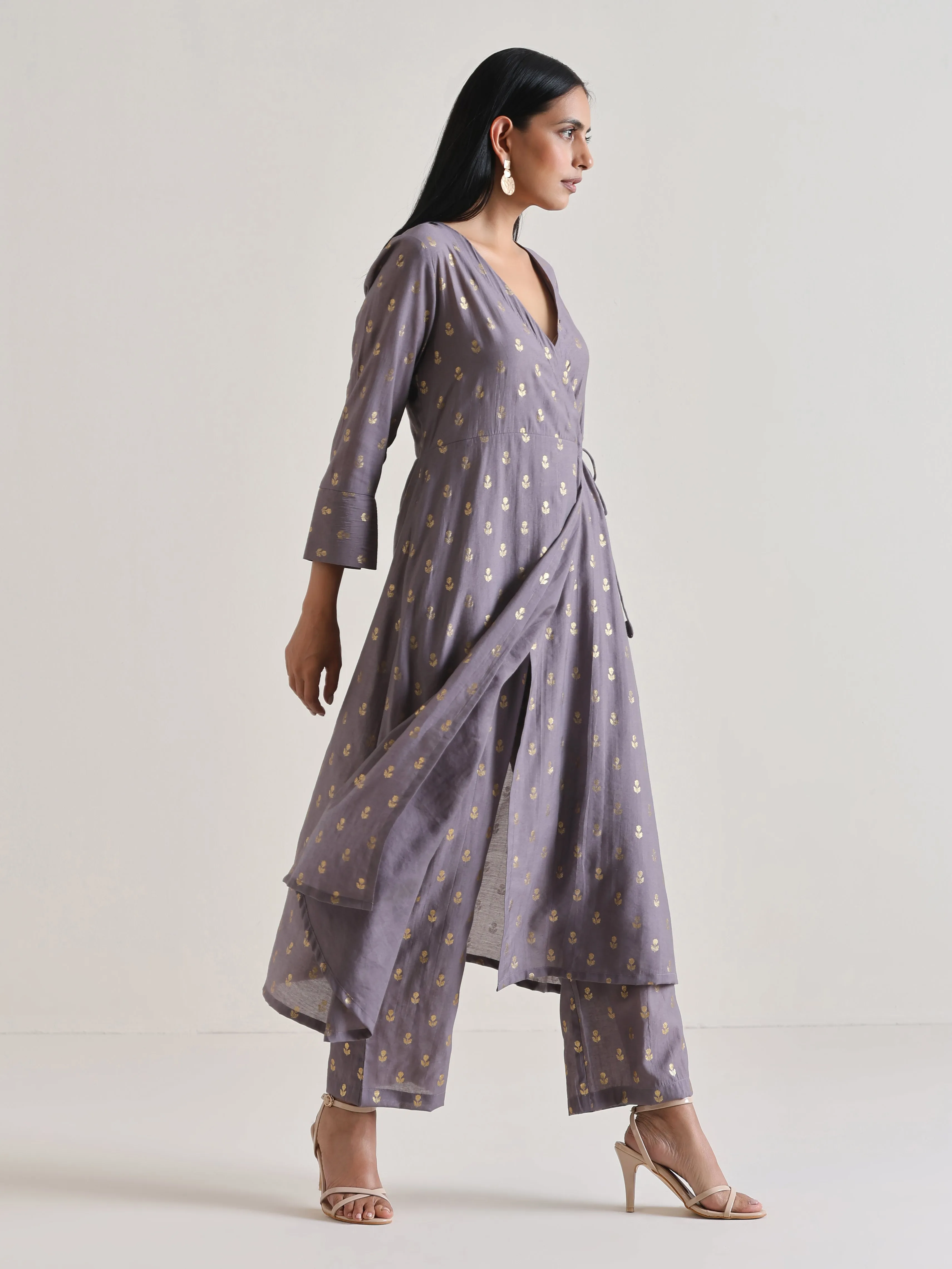 Plum Grey Foil Angrakha Kurta Set