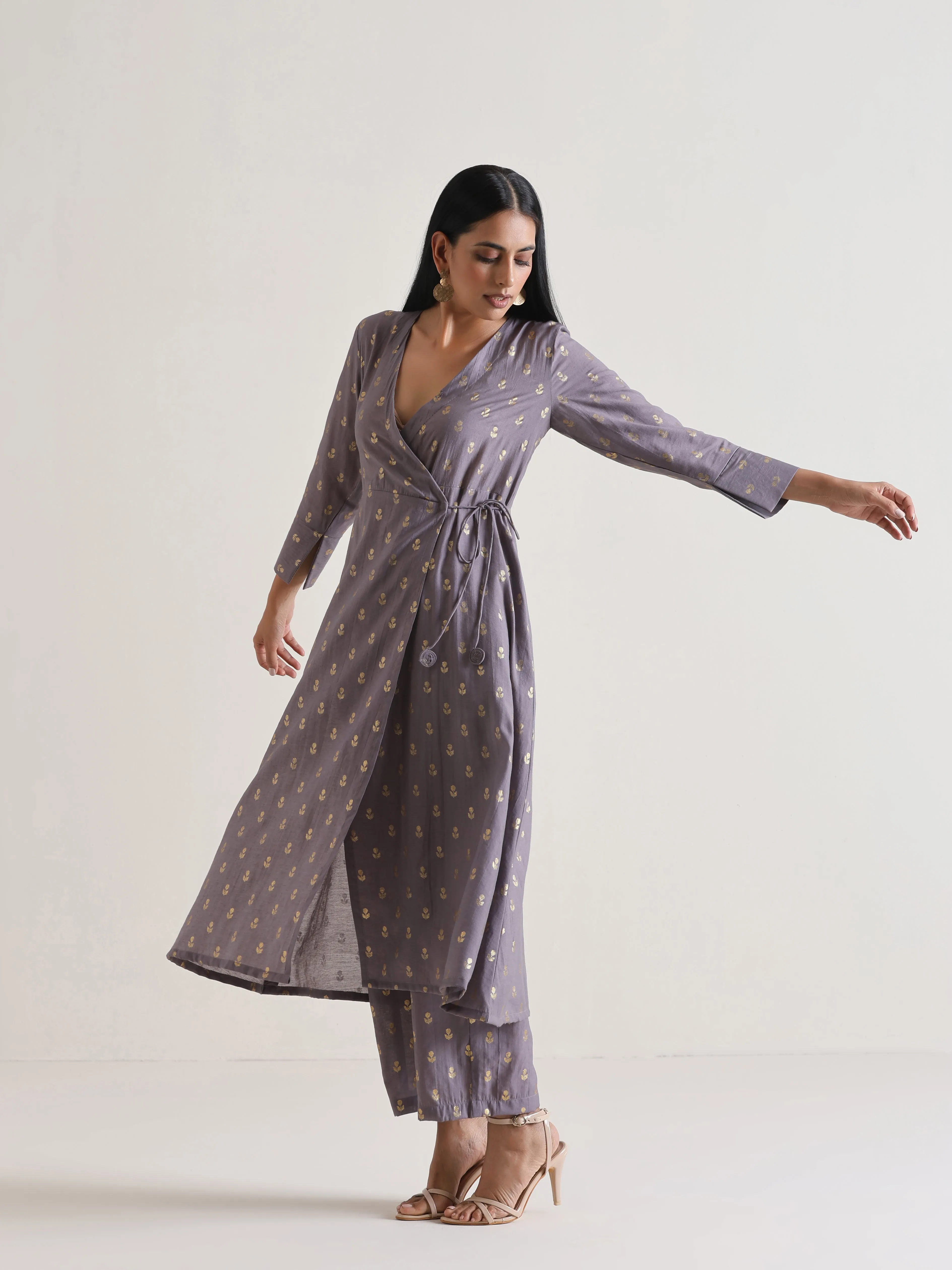 Plum Grey Foil Angrakha Kurta Set