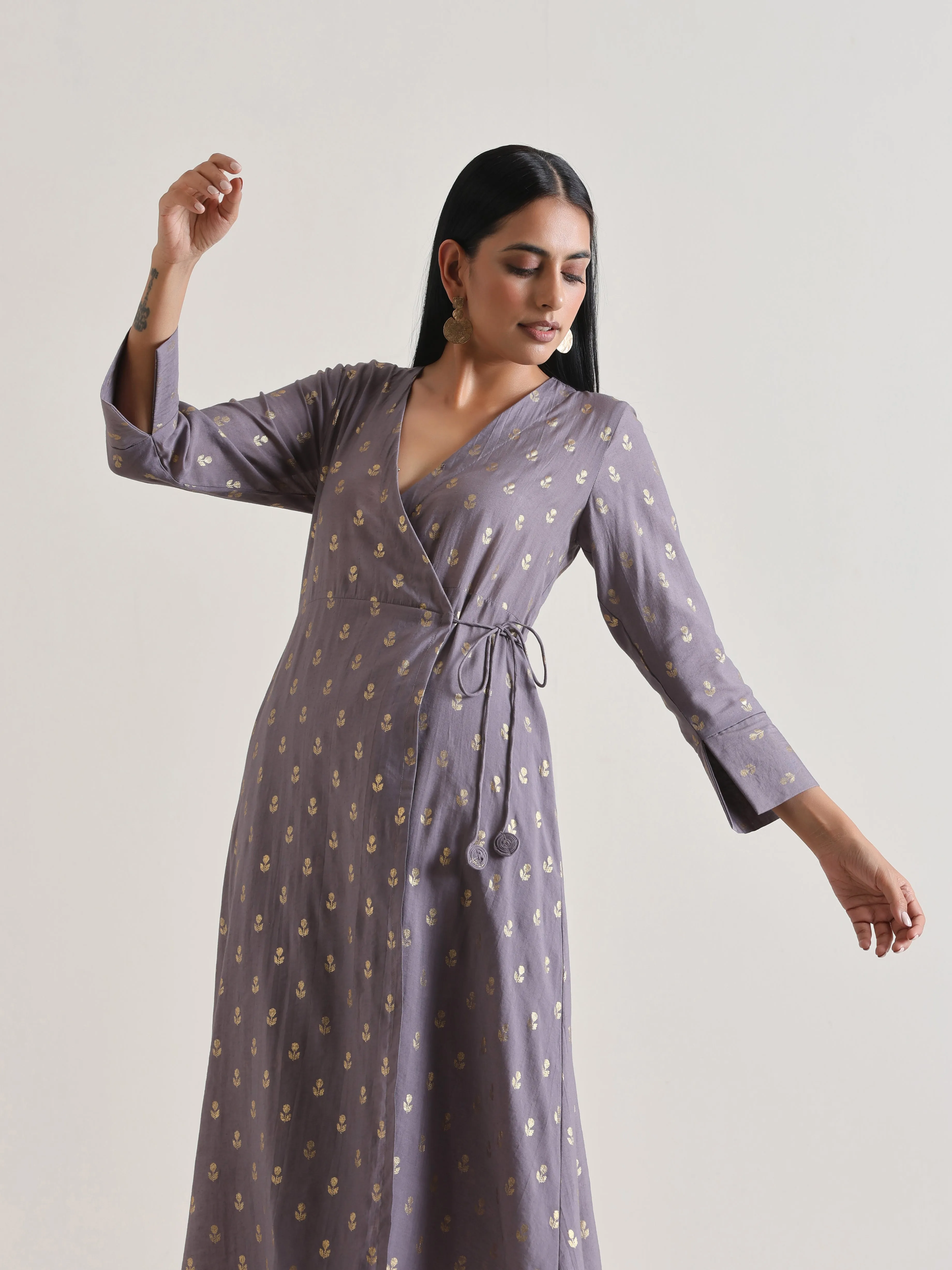 Plum Grey Foil Angrakha Kurta Set