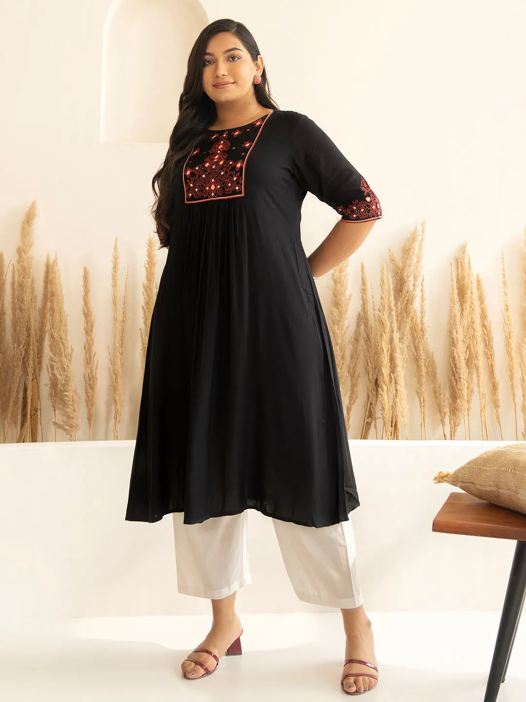 Plus Size Black Rayon Yoke Embroidered A-line kurta