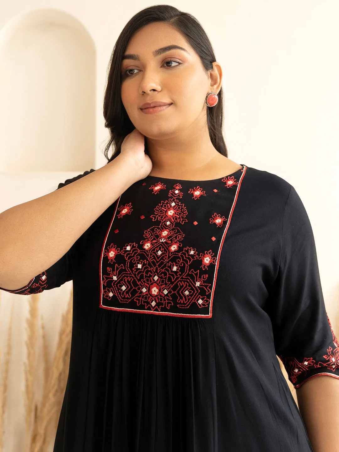 Plus Size Black Rayon Yoke Embroidered A-line kurta