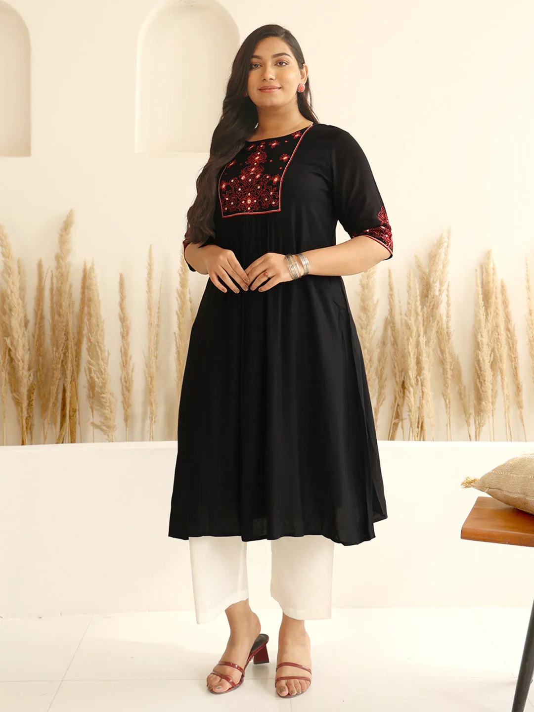 Plus Size Black Rayon Yoke Embroidered A-line kurta