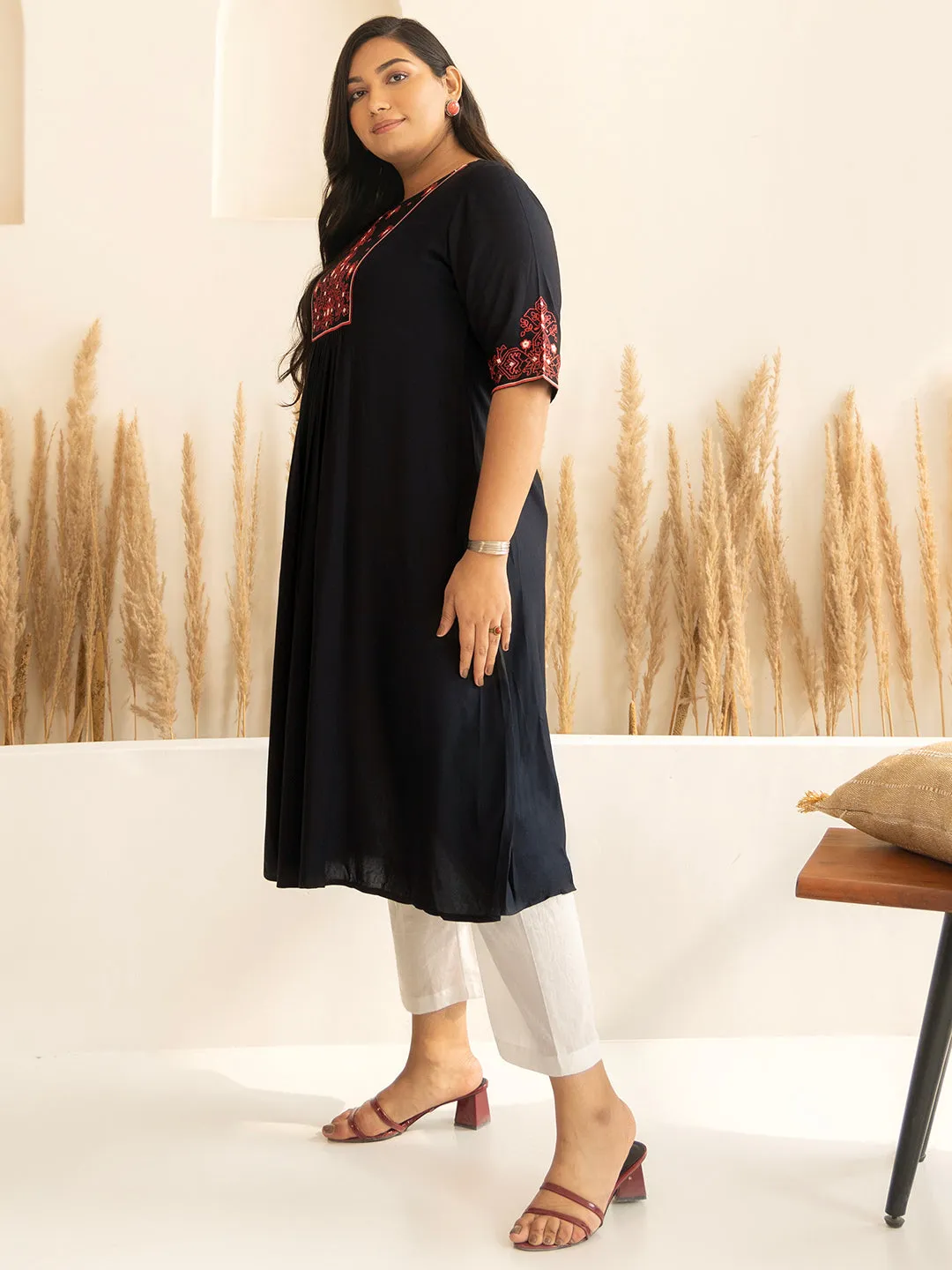 Plus Size Black Rayon Yoke Embroidered A-line kurta