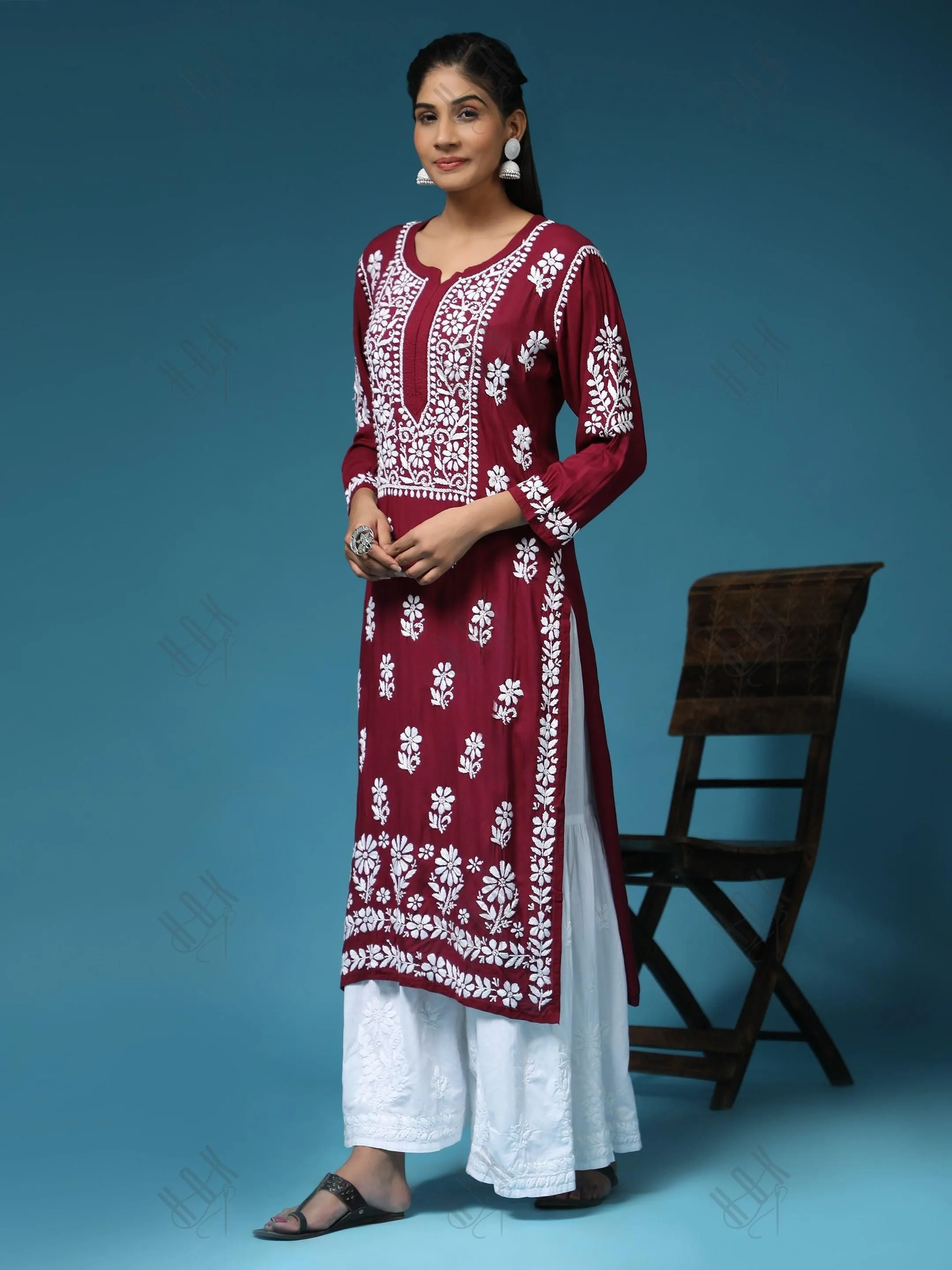 Pooja Gor in Premium Hand Embroidery Chikankari Kurta Modal Cotton- Maroon