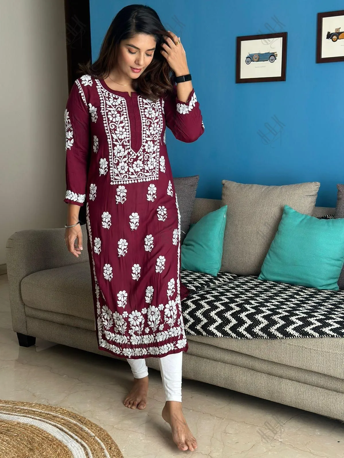 Pooja Gor in Premium Hand Embroidery Chikankari Kurta Modal Cotton- Maroon