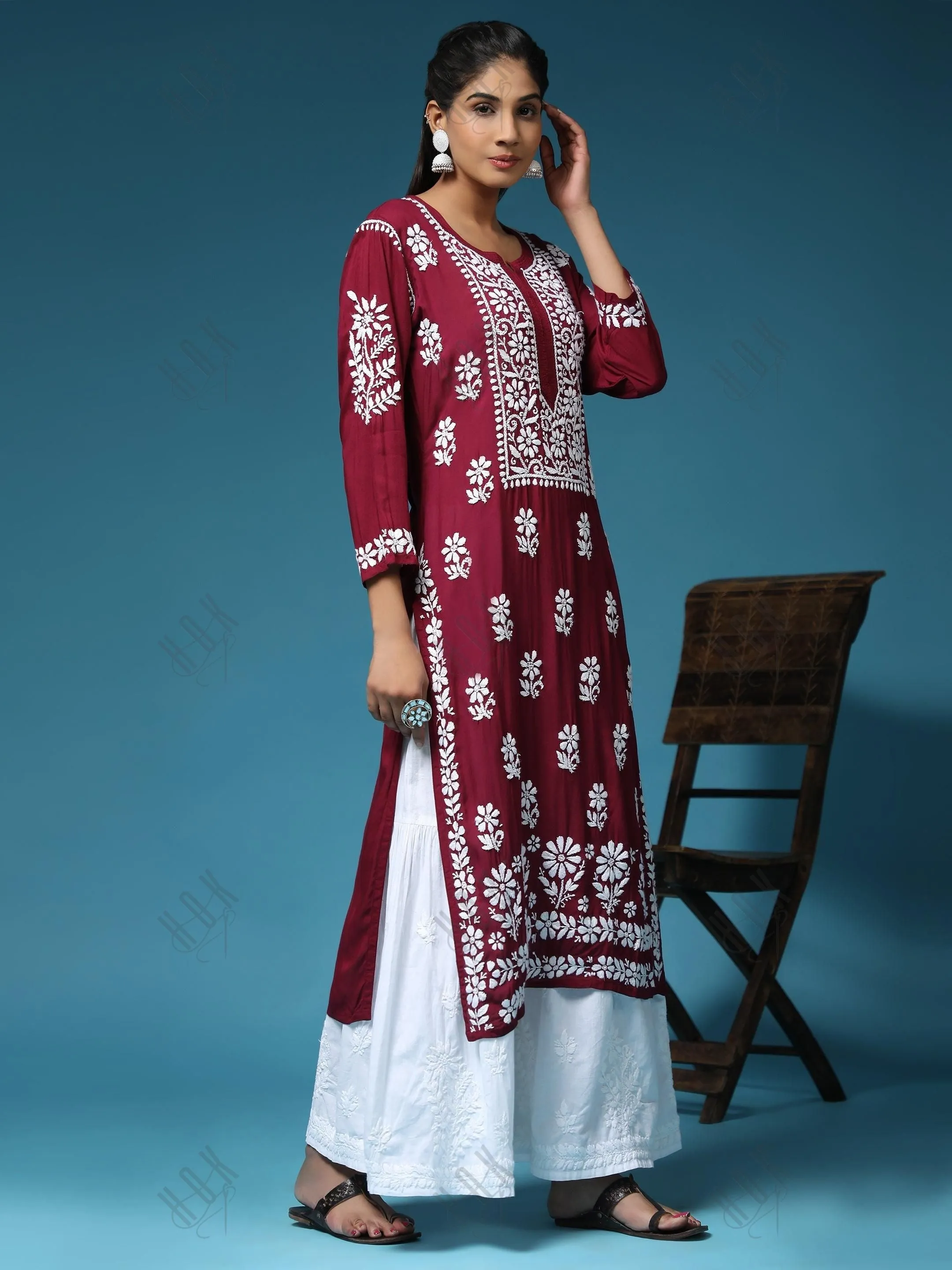 Pooja Gor in Premium Hand Embroidery Chikankari Kurta Modal Cotton- Maroon