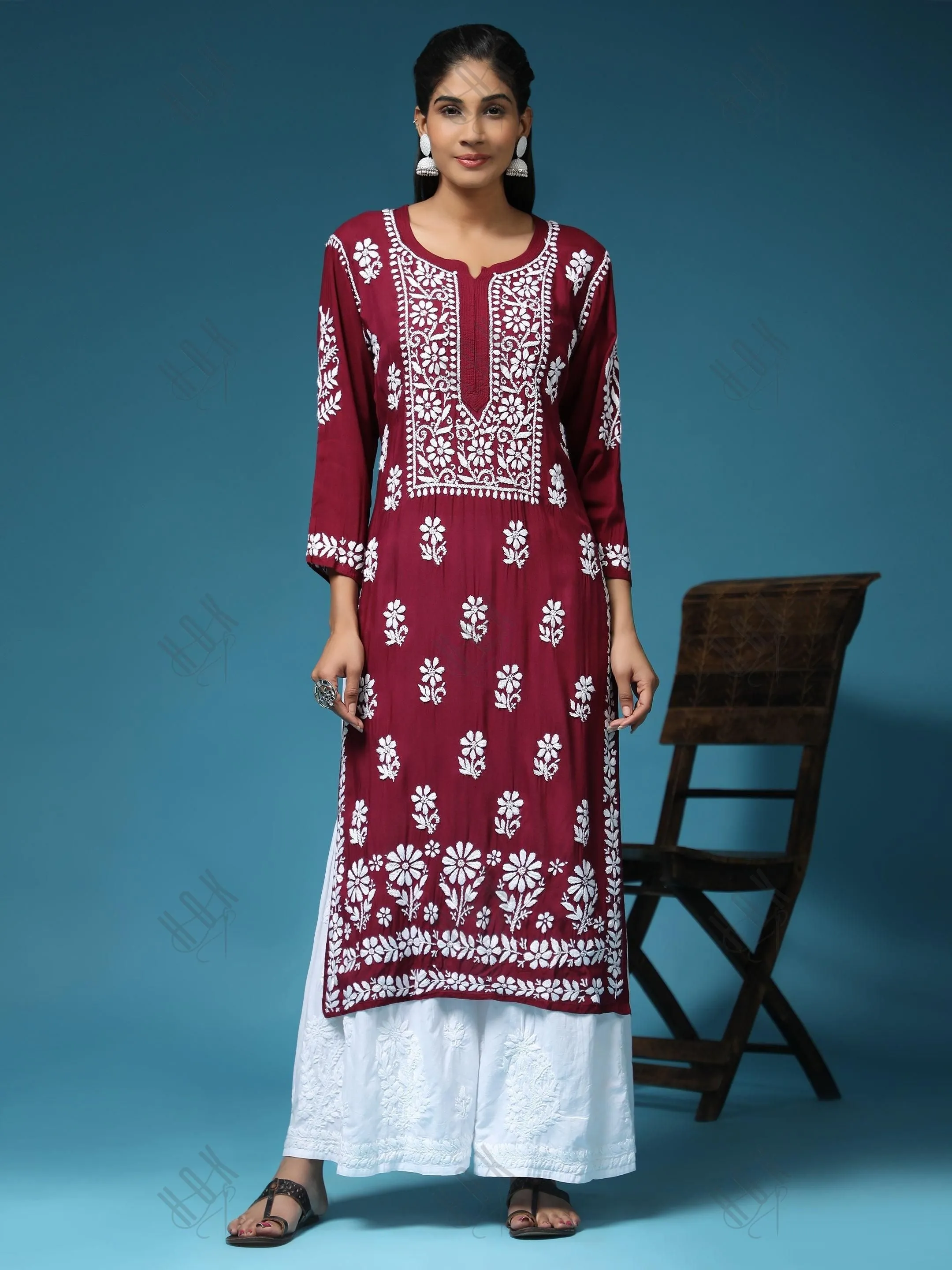 Pooja Gor in Premium Hand Embroidery Chikankari Kurta Modal Cotton- Maroon