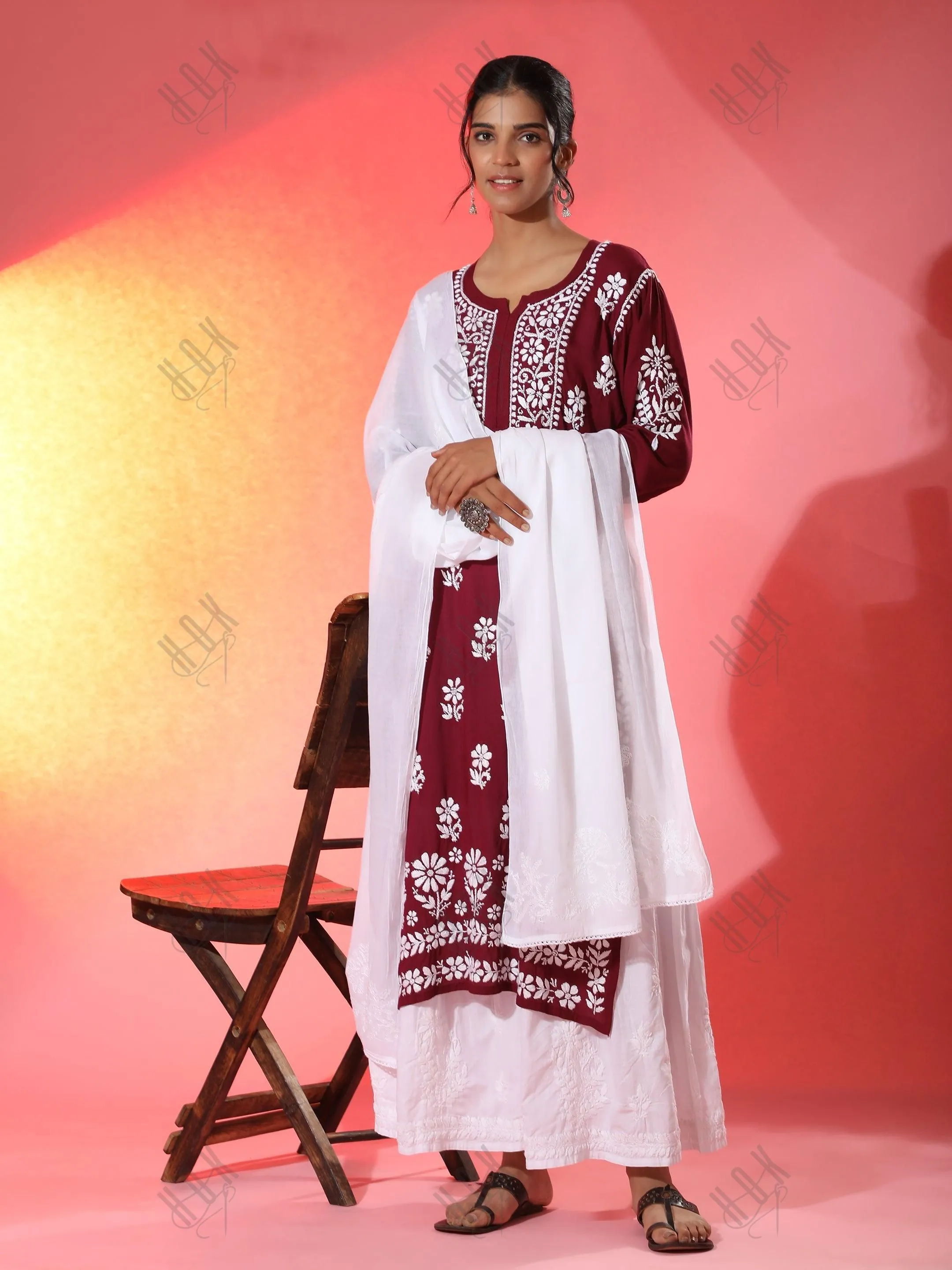 Pooja Gor in Premium Hand Embroidery Chikankari Kurta Modal Cotton- Maroon