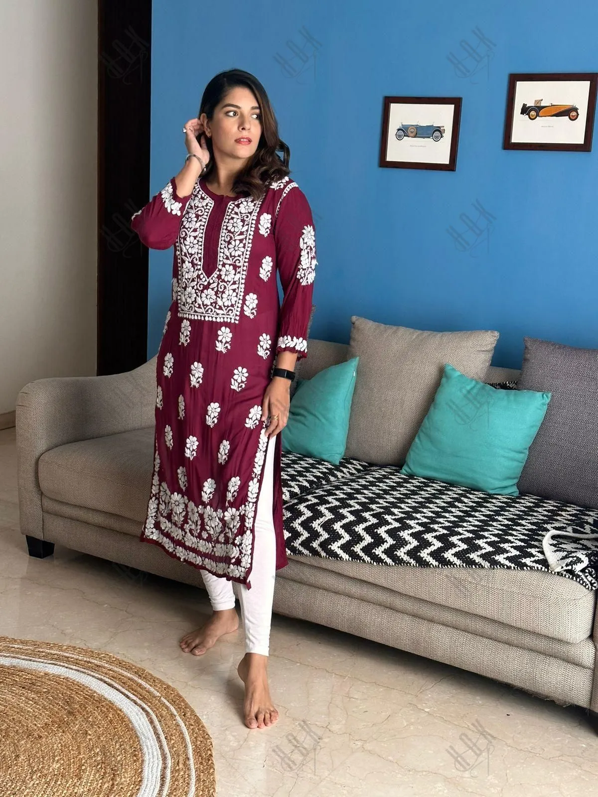 Pooja Gor in Premium Hand Embroidery Chikankari Kurta Modal Cotton- Maroon