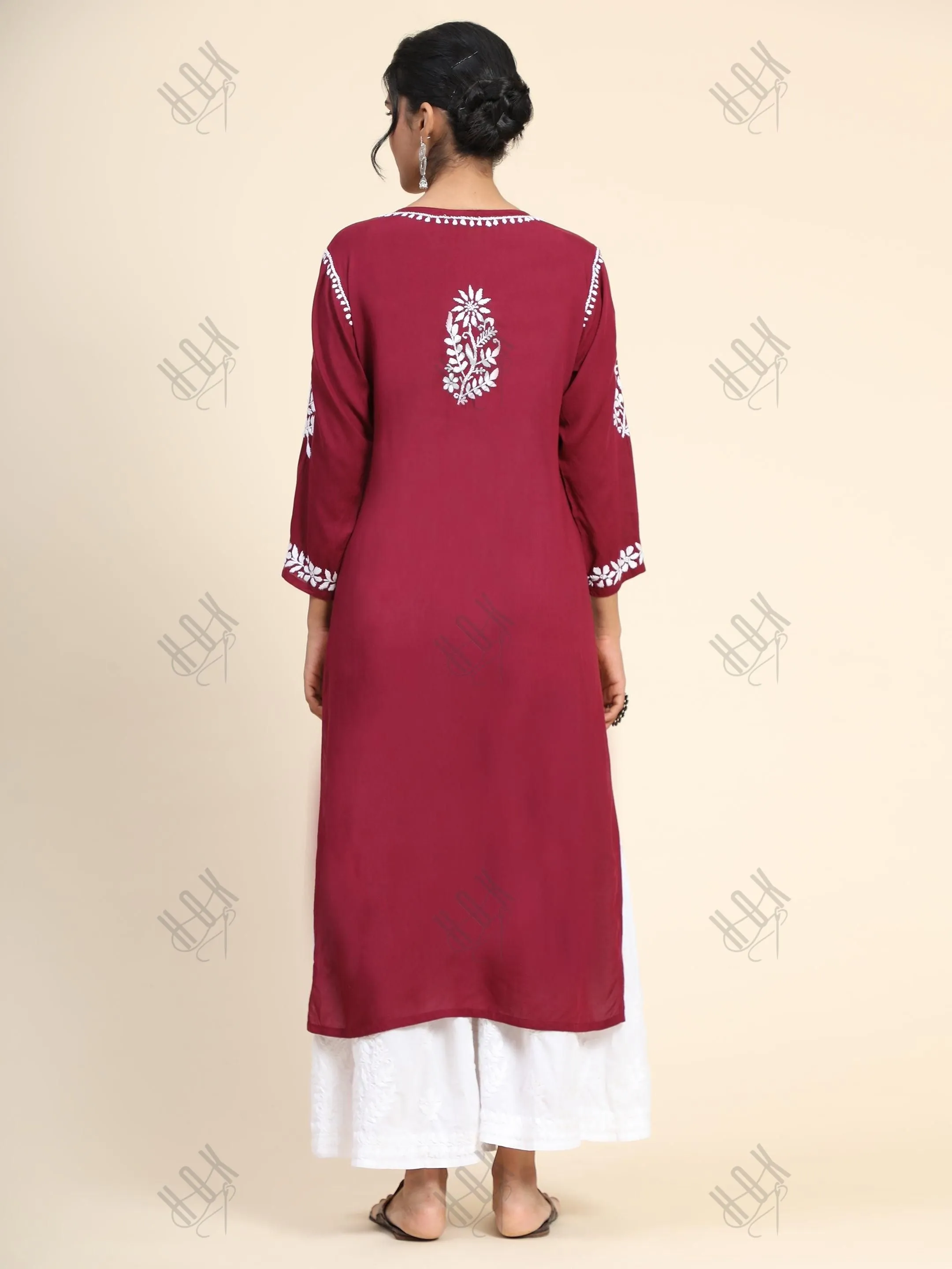 Pooja Gor in Premium Hand Embroidery Chikankari Kurta Modal Cotton- Maroon