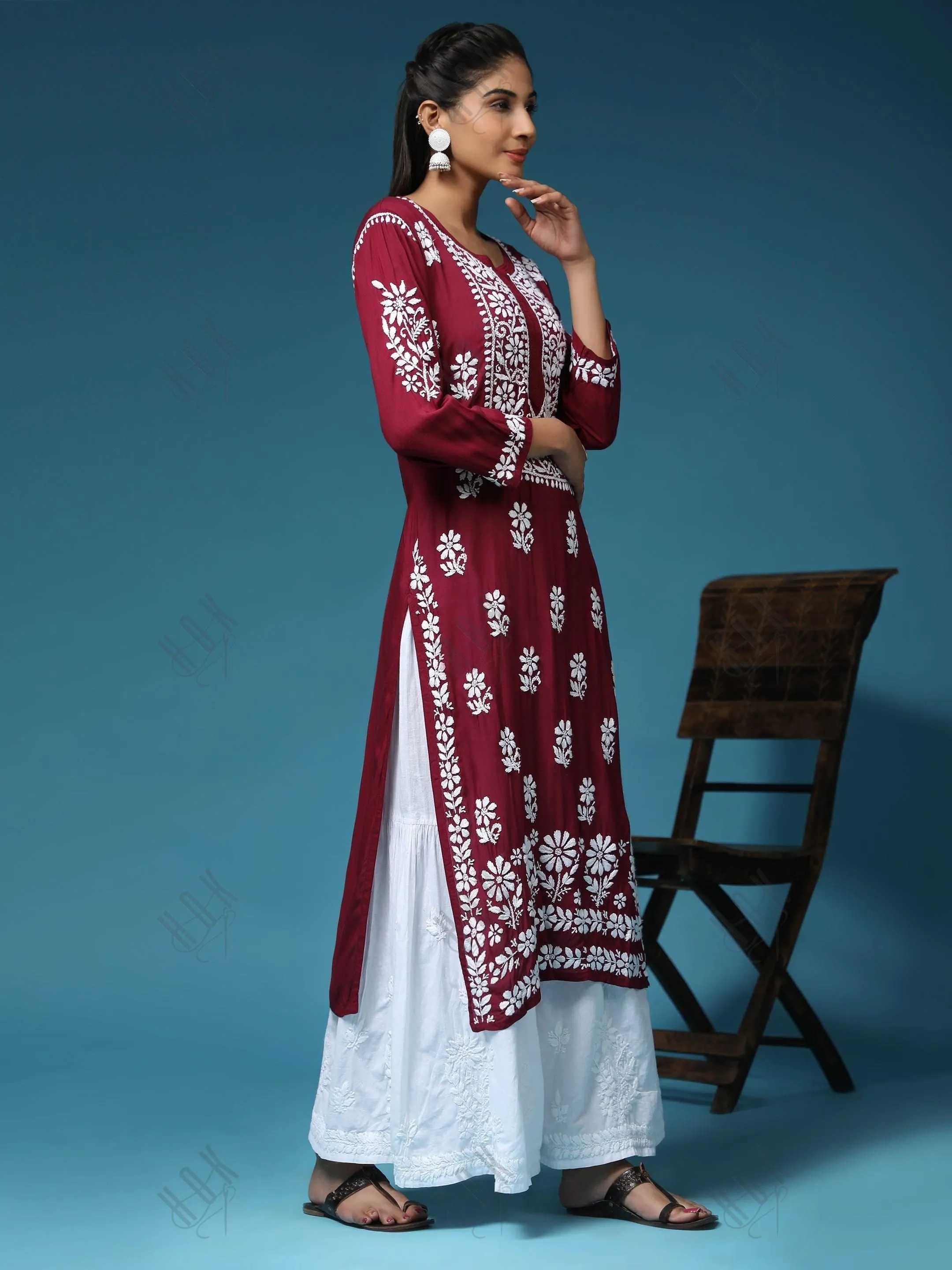 Pooja Gor in Premium Hand Embroidery Chikankari Kurta Modal Cotton- Maroon