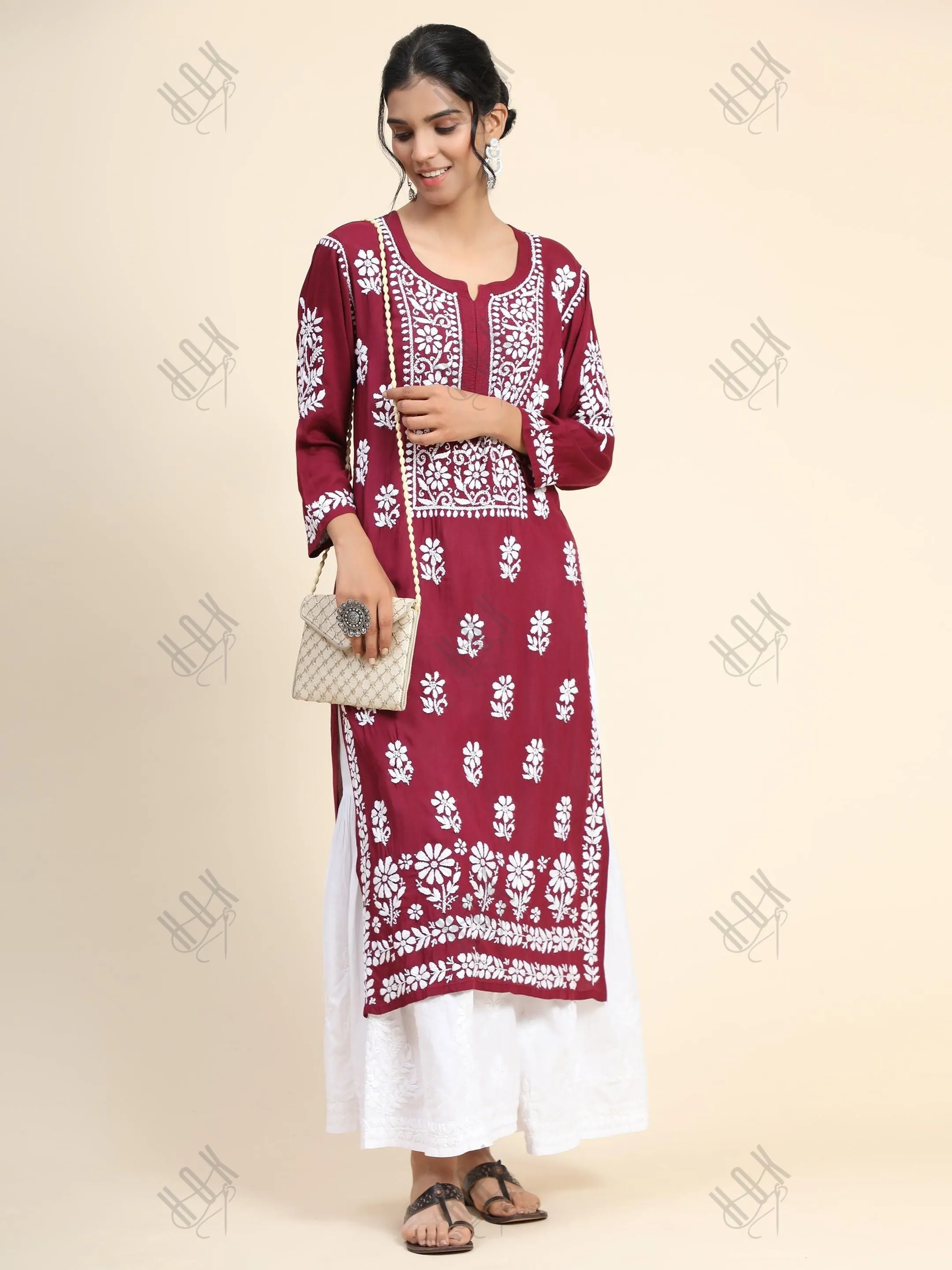 Pooja Gor in Premium Hand Embroidery Chikankari Kurta Modal Cotton- Maroon