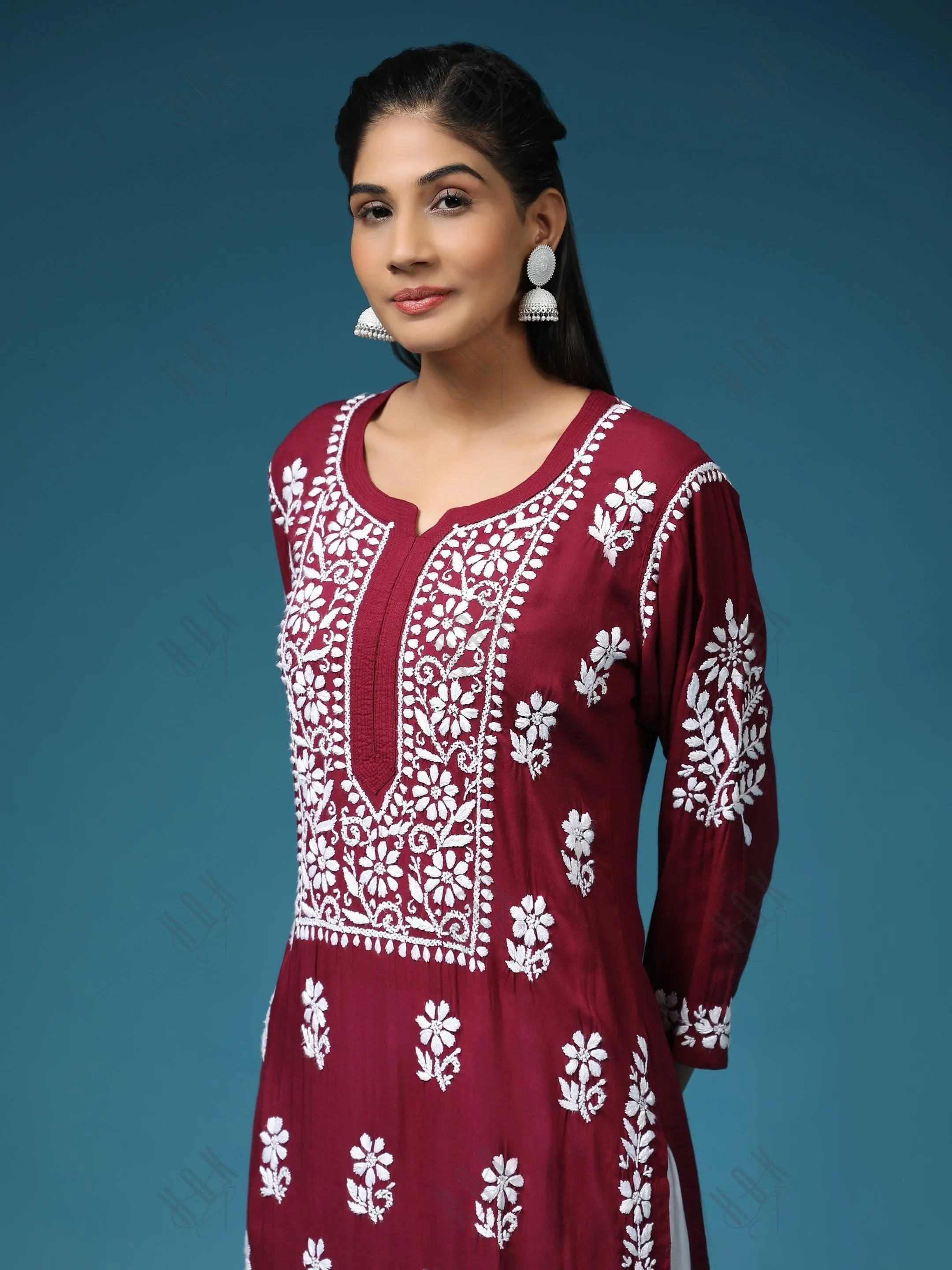 Pooja Gor in Premium Hand Embroidery Chikankari Kurta Modal Cotton- Maroon