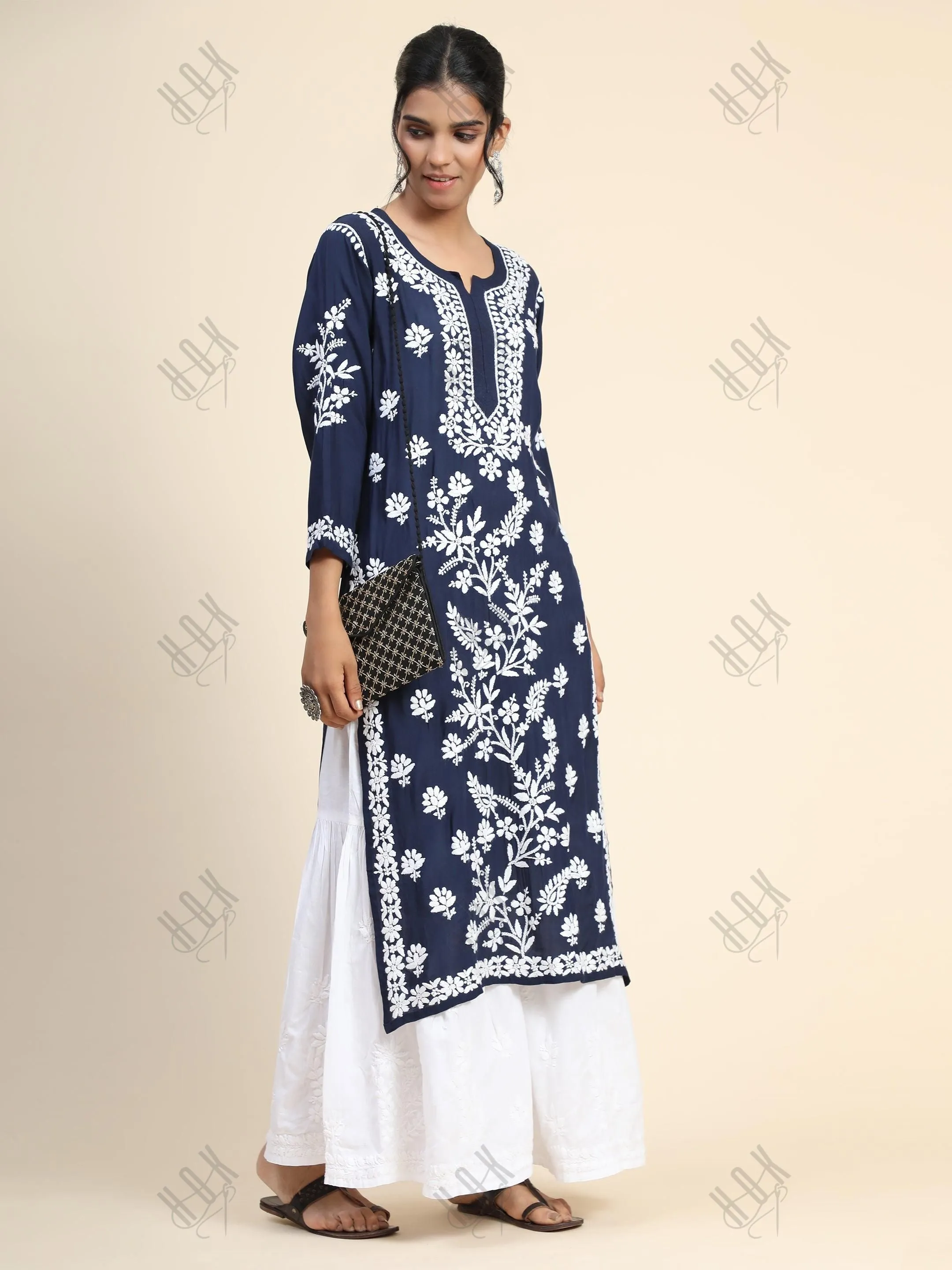 Premium Hand Embroidery Chikankari Kurta Modal Cotton- Blue