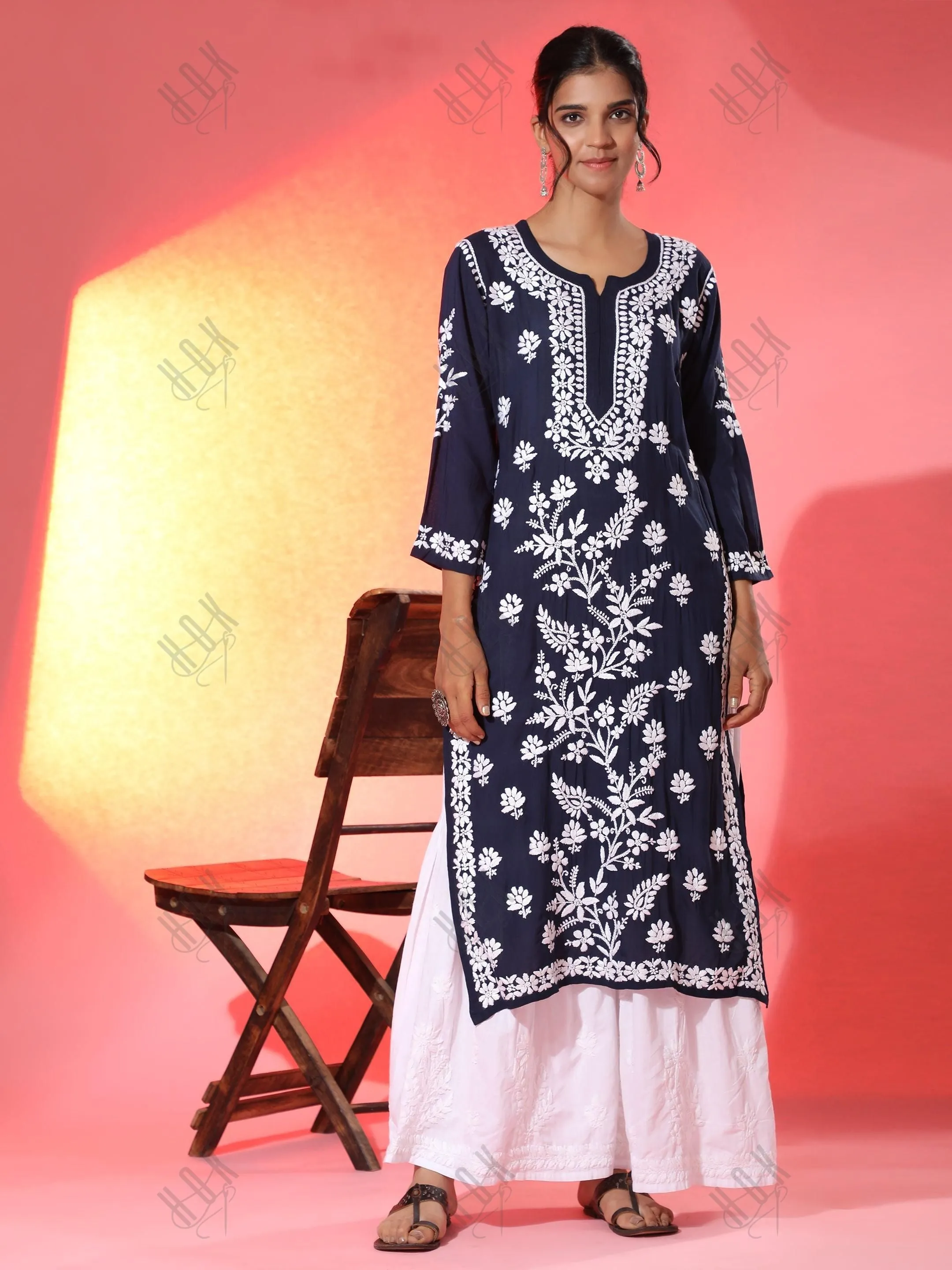 Premium Hand Embroidery Chikankari Kurta Modal Cotton- Blue