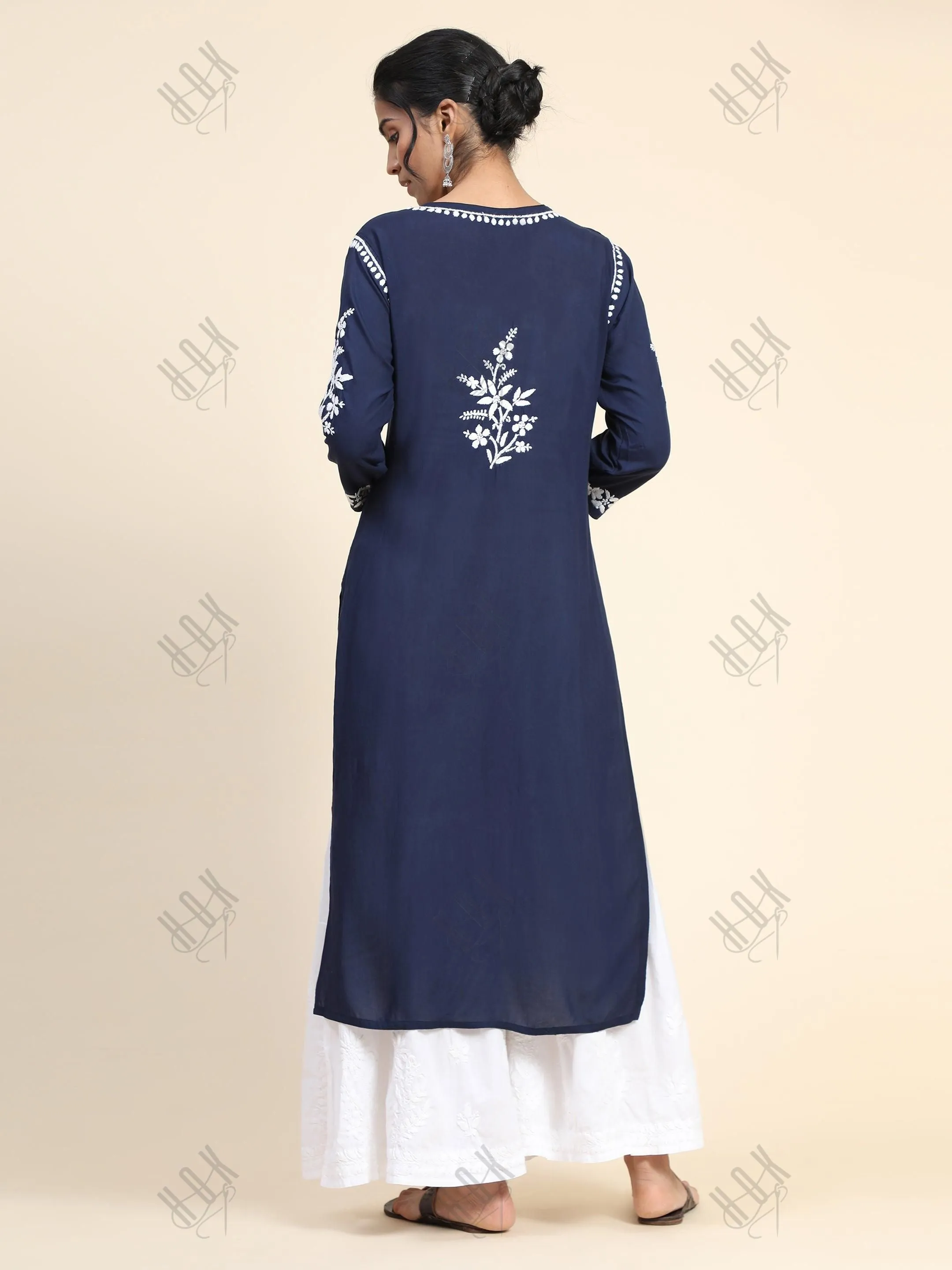 Premium Hand Embroidery Chikankari Kurta Modal Cotton- Blue