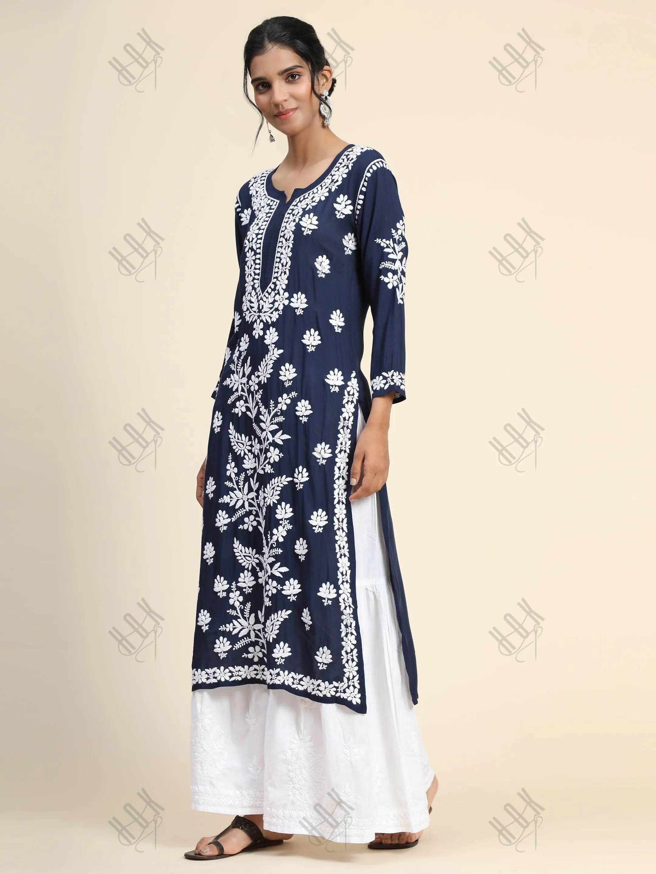 Premium Hand Embroidery Chikankari Kurta Modal Cotton- Blue