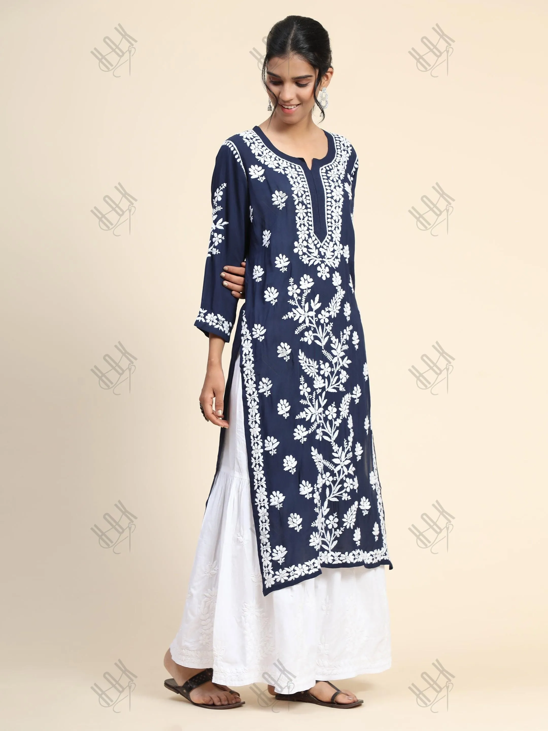 Premium Hand Embroidery Chikankari Kurta Modal Cotton- Blue