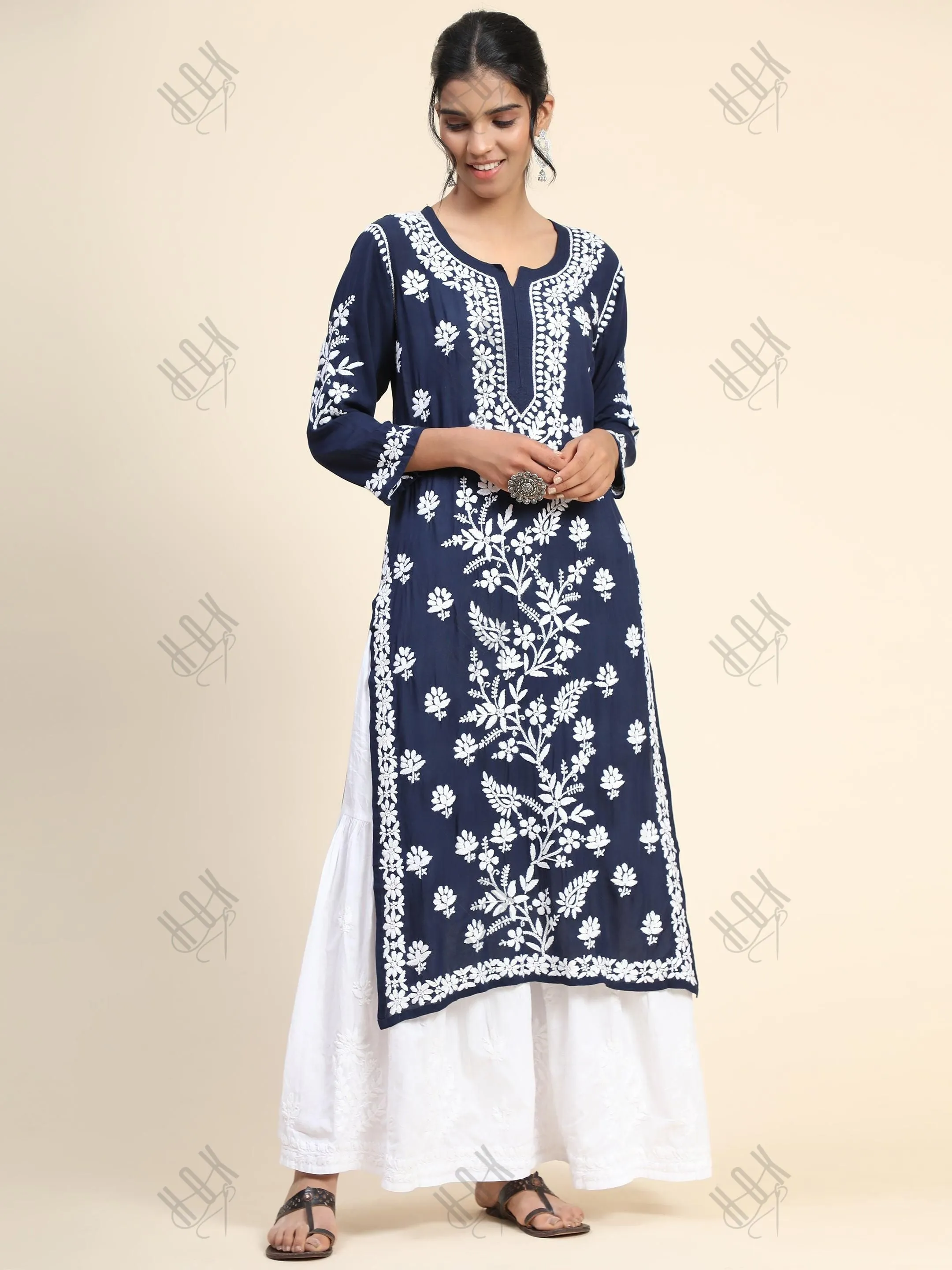 Premium Hand Embroidery Chikankari Kurta Modal Cotton- Blue