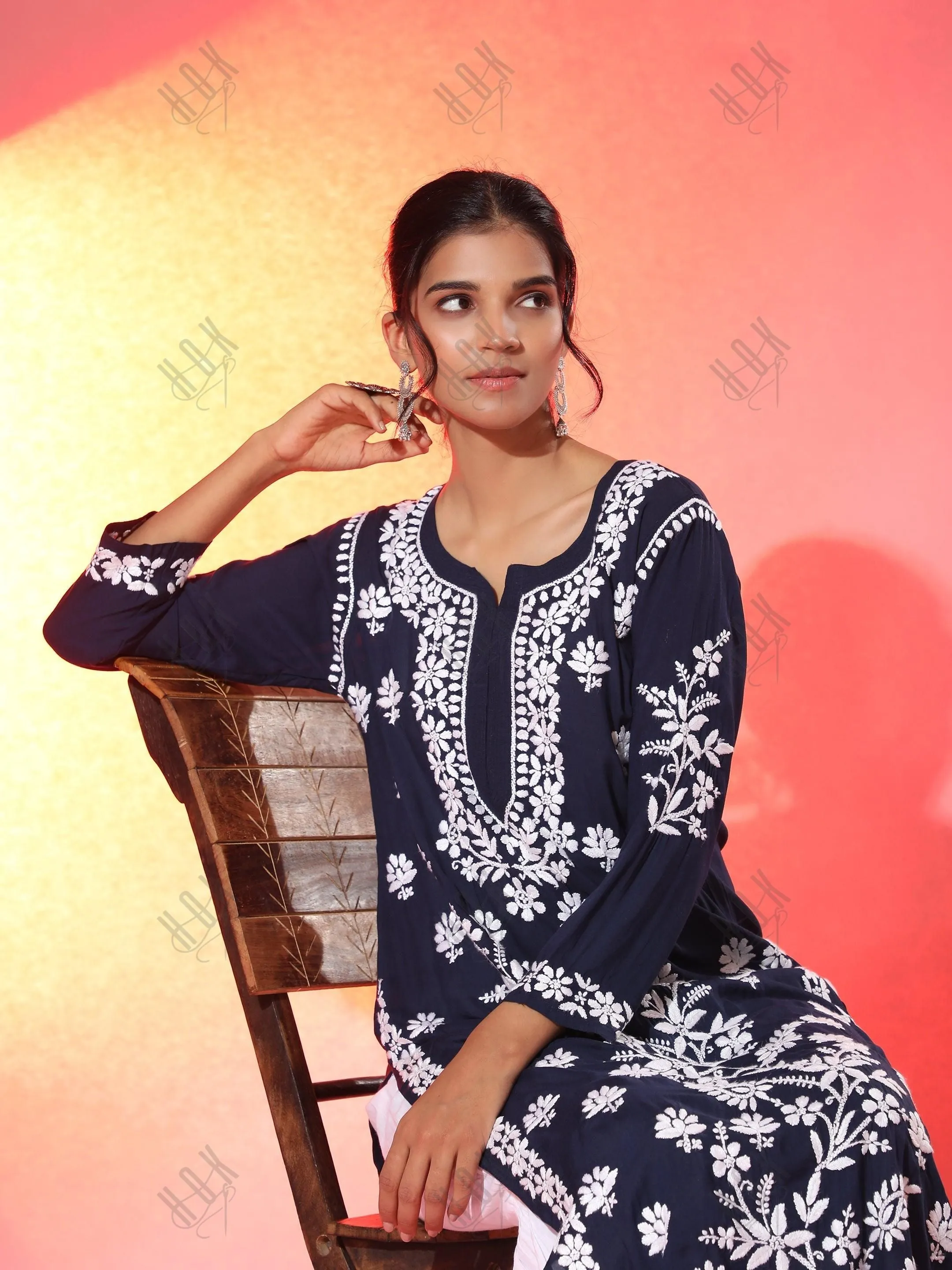 Premium Hand Embroidery Chikankari Kurta Modal Cotton- Blue