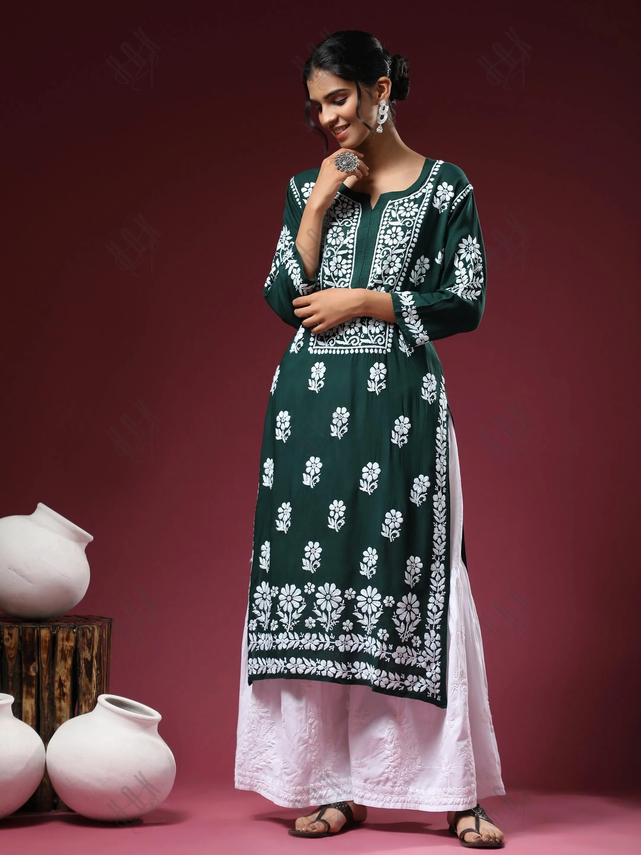 Premium Hand Embroidery Chikankari Kurta Modal Cotton- Green