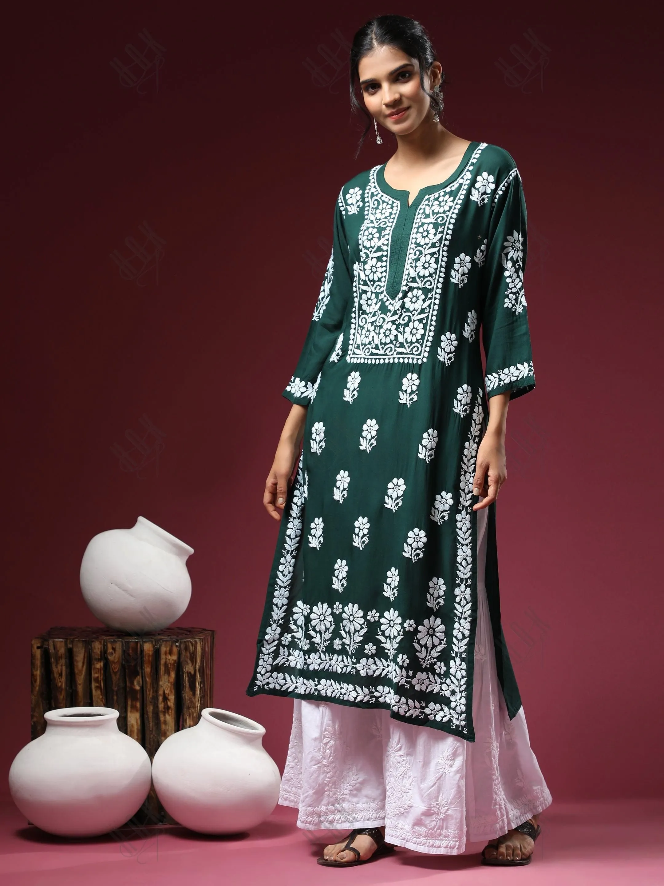 Premium Hand Embroidery Chikankari Kurta Modal Cotton- Green