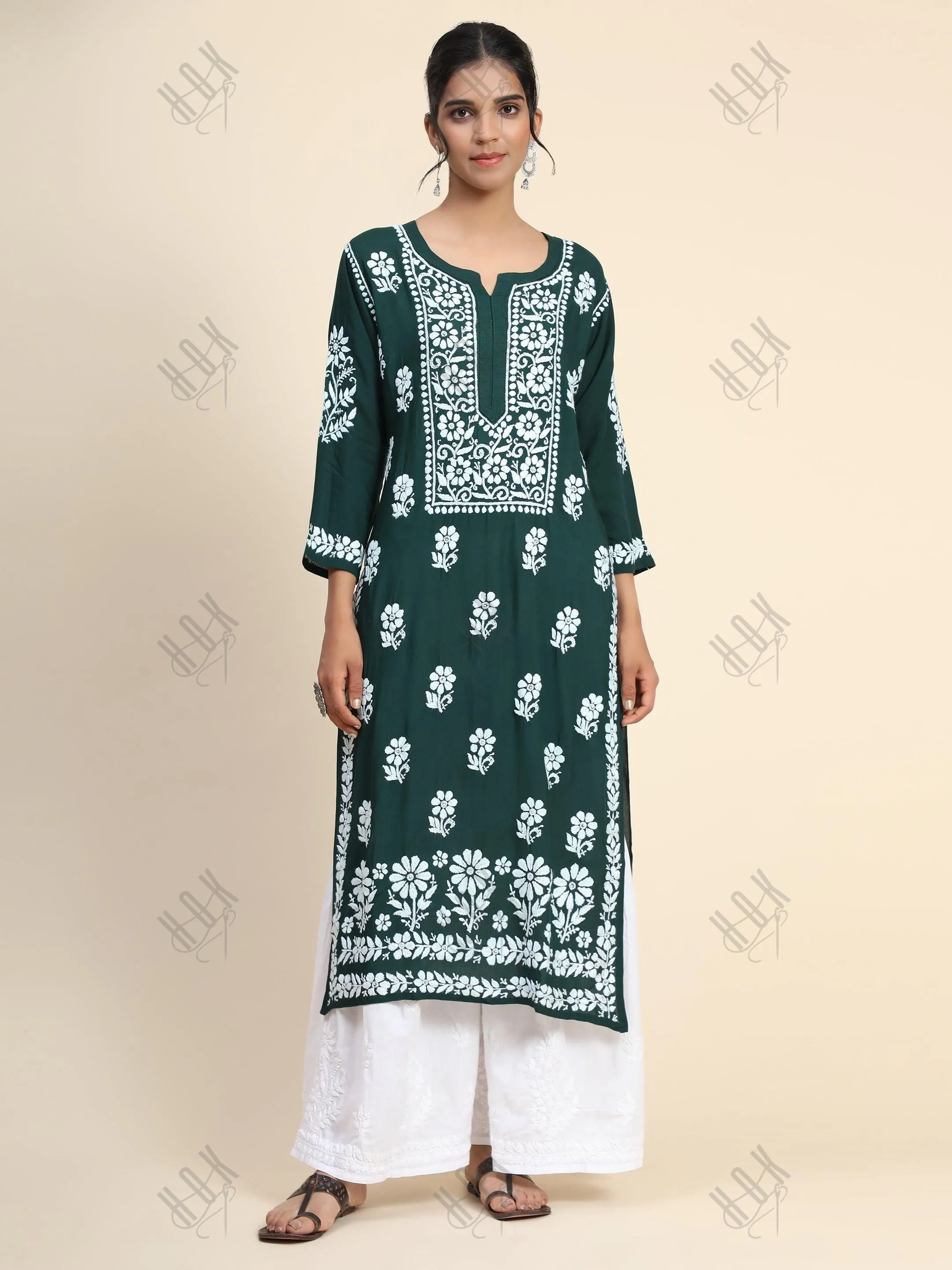 Premium Hand Embroidery Chikankari Kurta Modal Cotton- Green