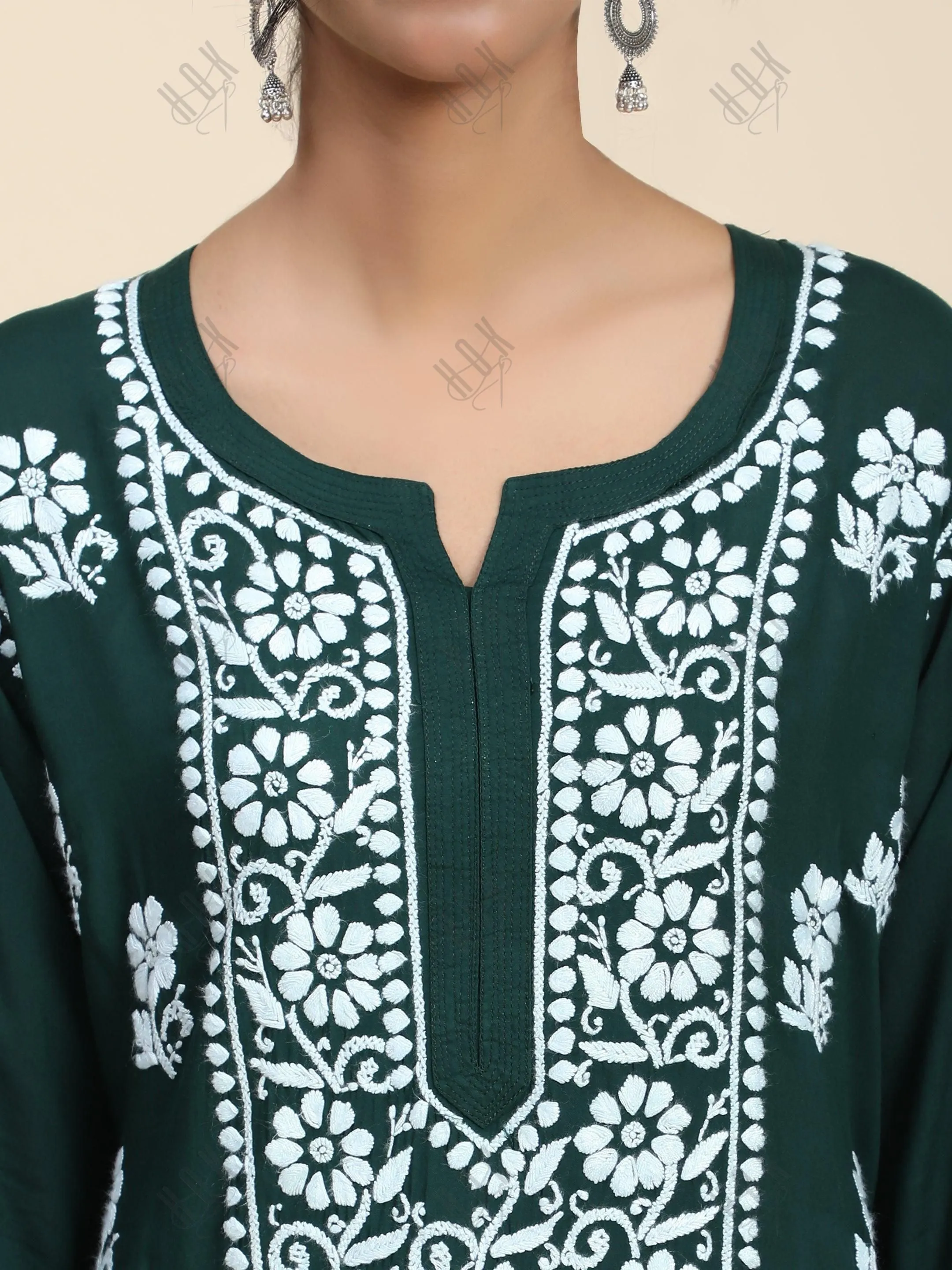 Premium Hand Embroidery Chikankari Kurta Modal Cotton- Green