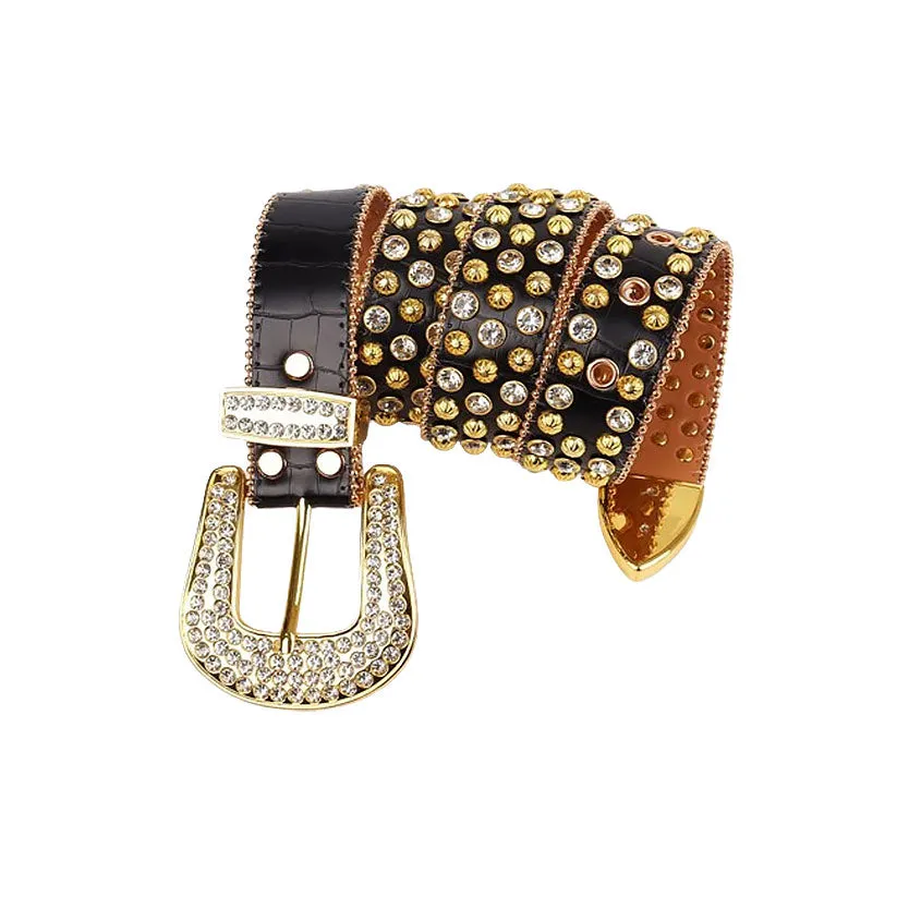 Rhinestone Black Strap With Gold & Crystal Studded Belt