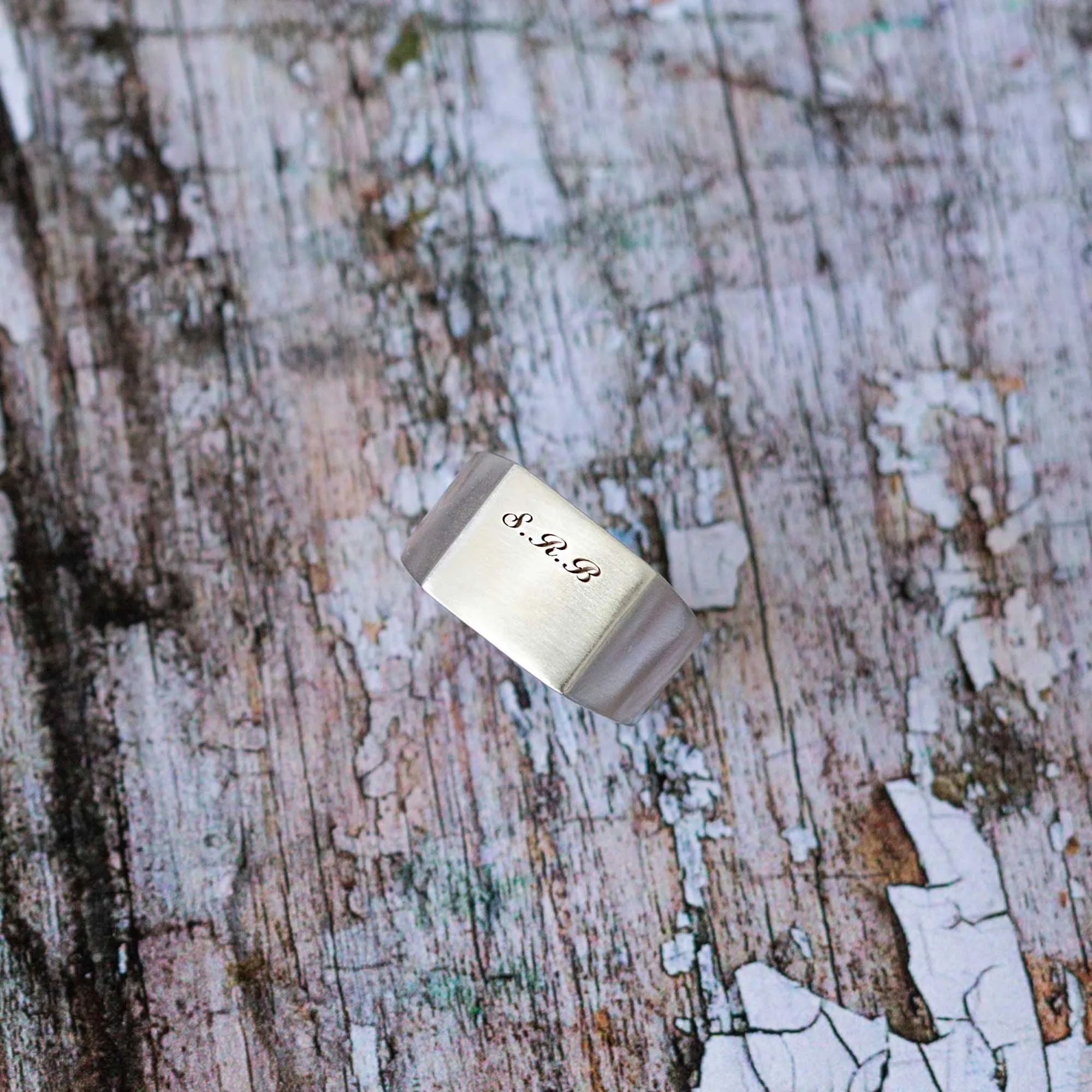 Script Initials Personalised Square Silver Signet Ring