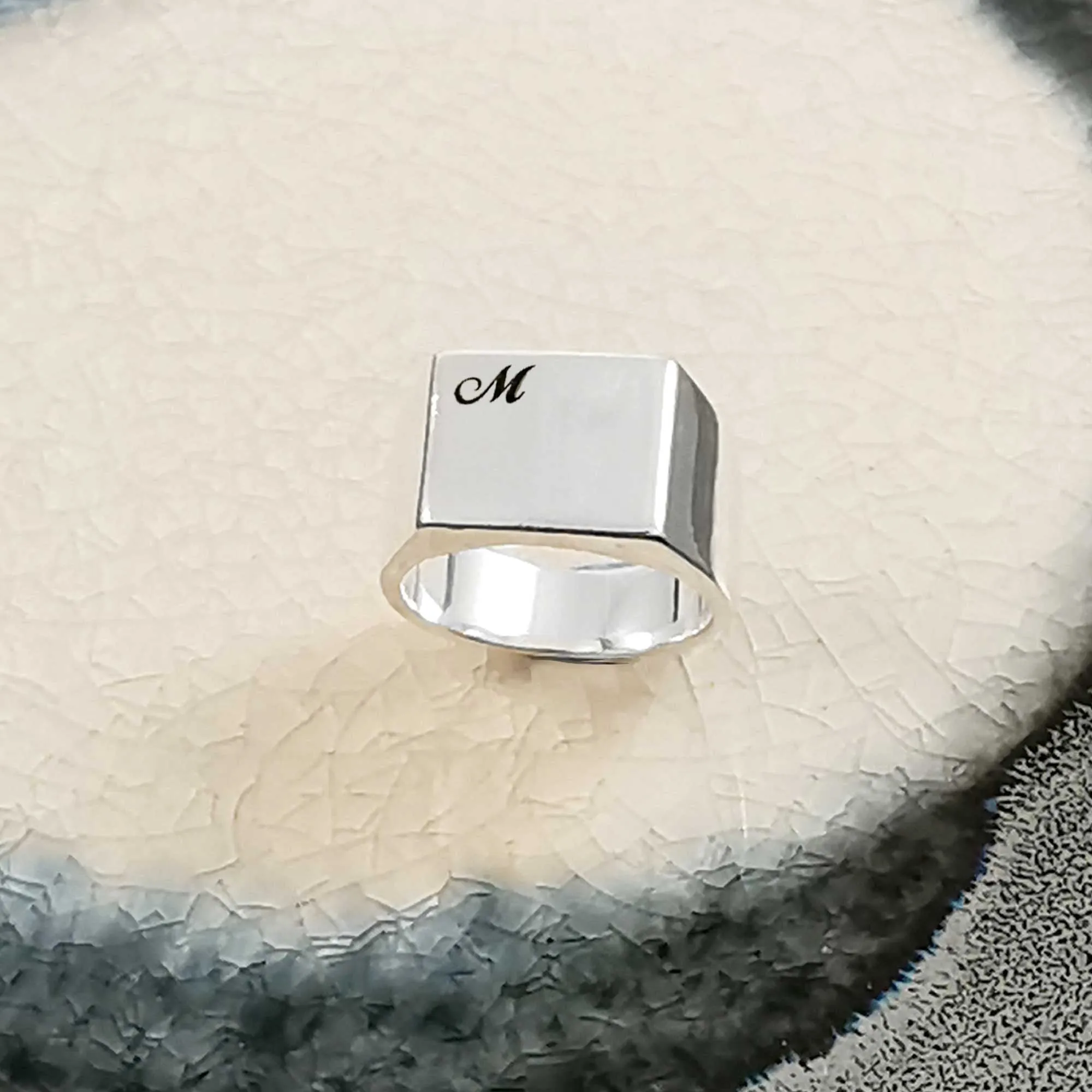 Script Initials Personalised Square Silver Signet Ring