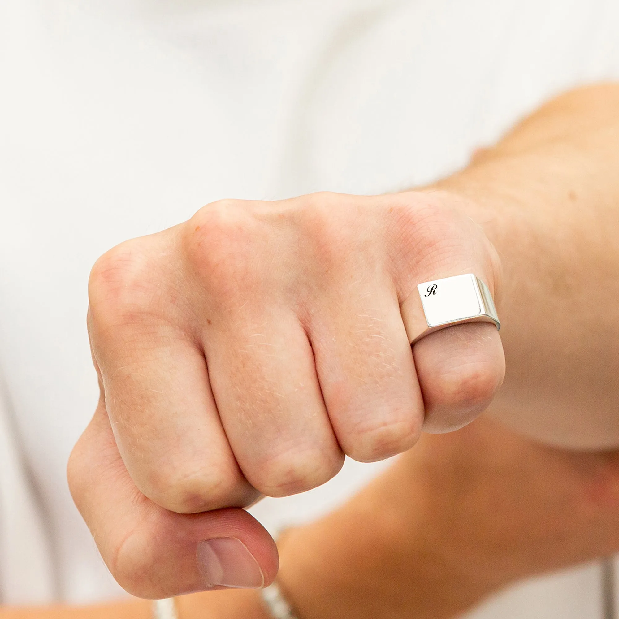 Script Initials Personalised Square Silver Signet Ring