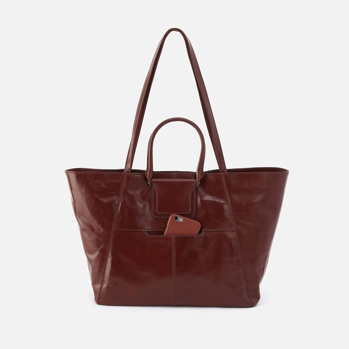 Sheila East-West Tote In Polished Leather - Chocolate