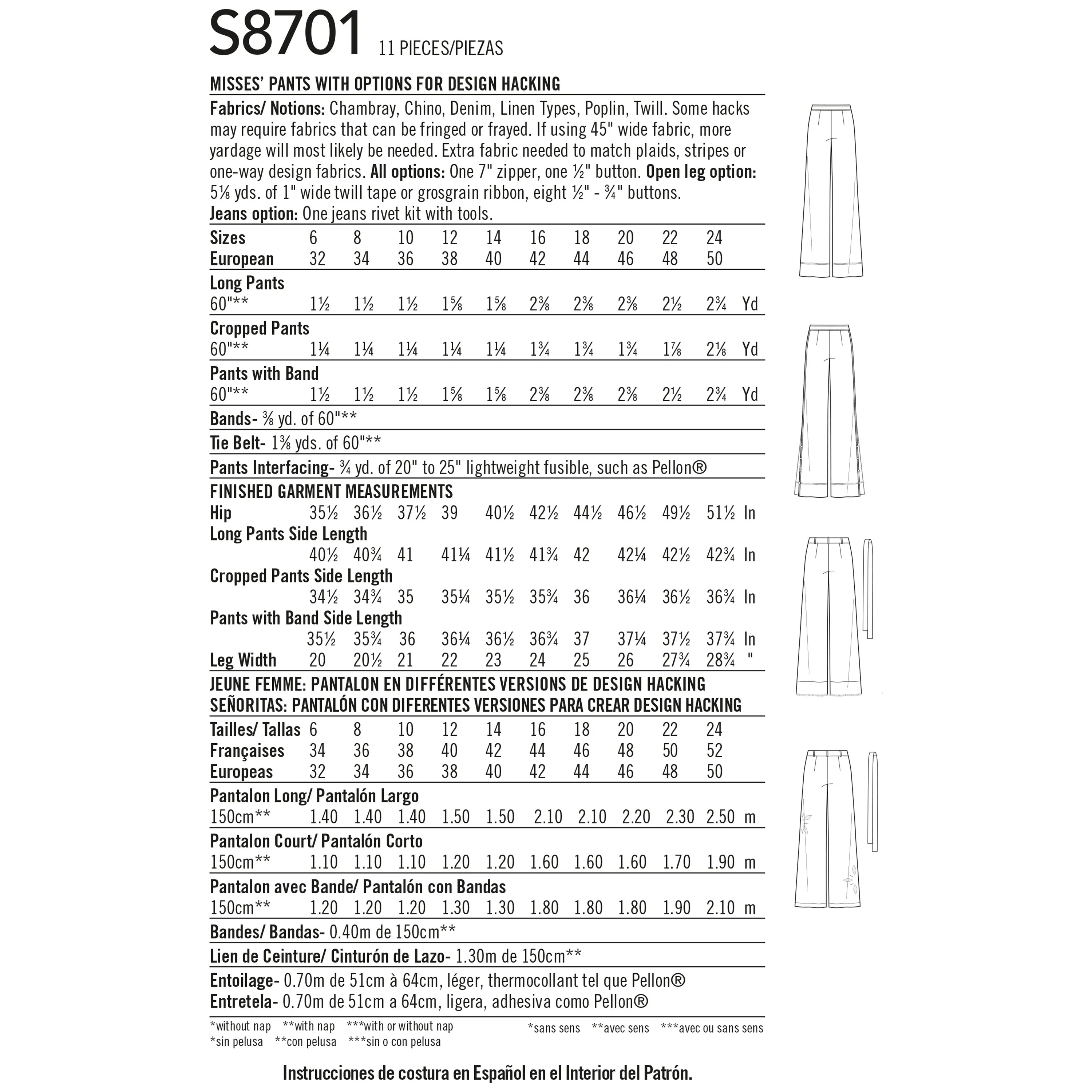 Simplicity Sewing Pattern 8701 Misses' Pants with Options for Design Hacking