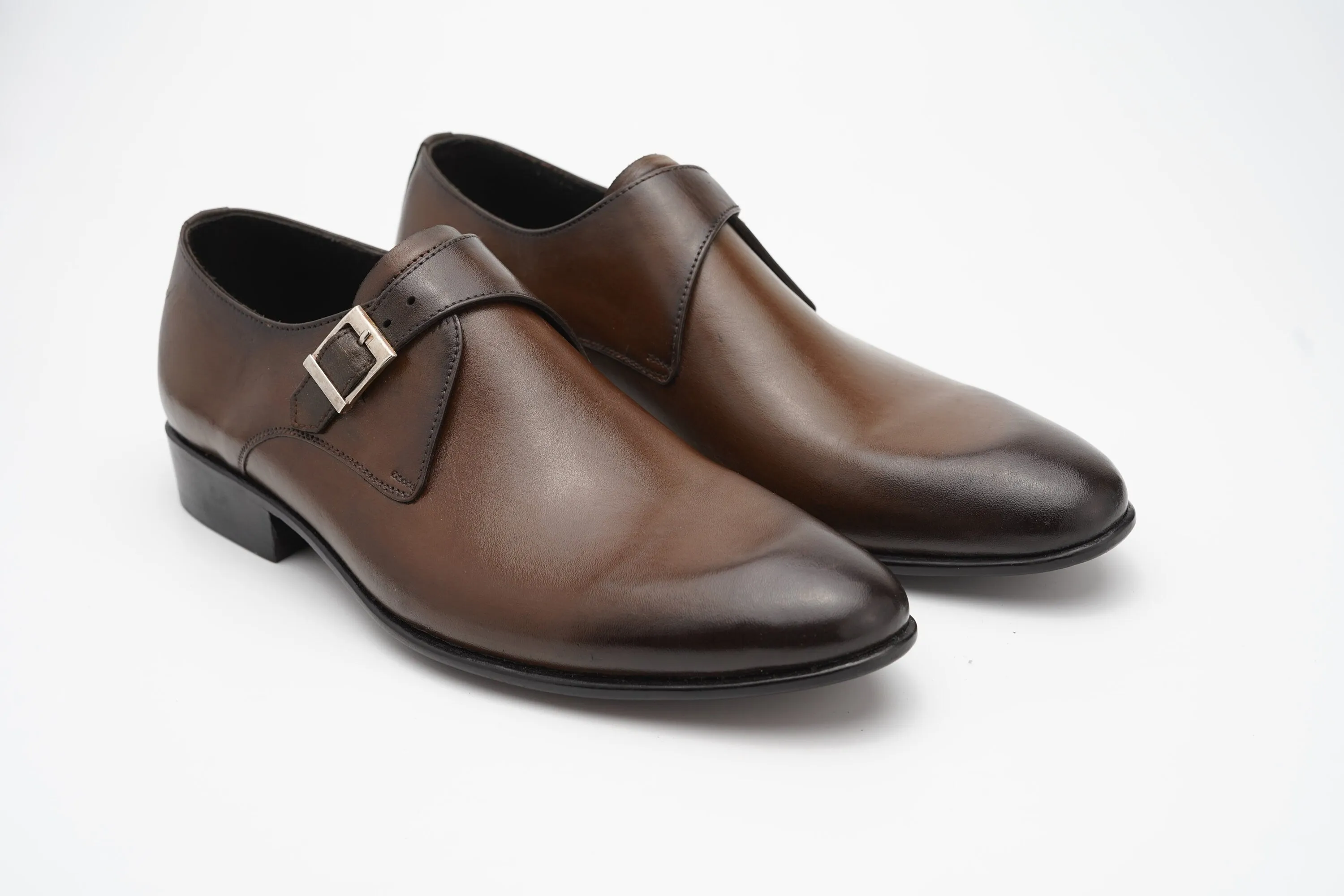 Single buckle monk Strap with Hand burnished Brown shade Made of full grain natural crust leather