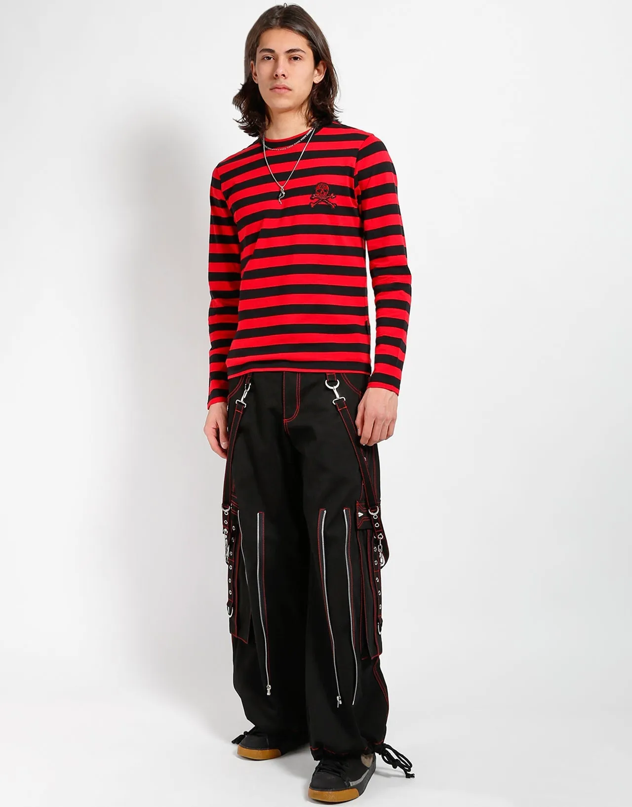 SKULL STRIPE KNIT TOP BLACK/RED