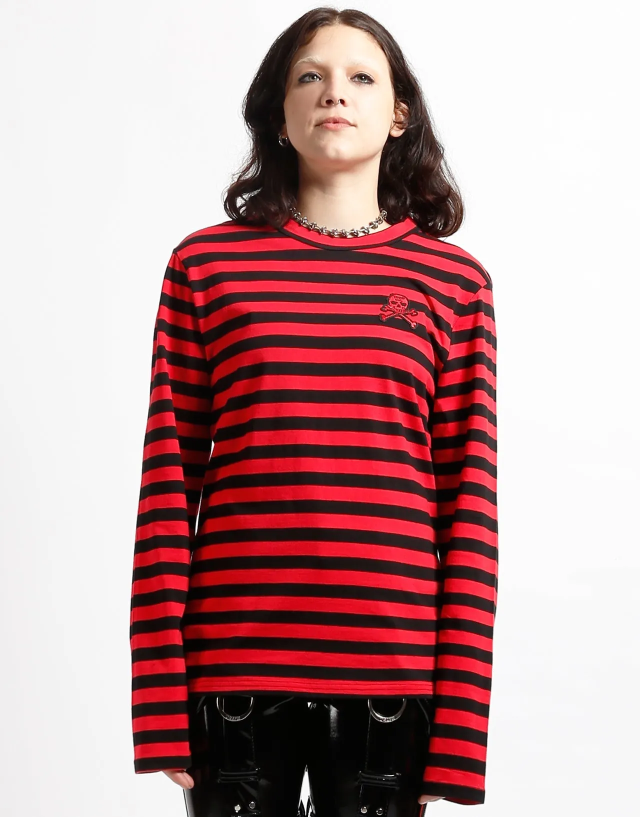 SKULL STRIPE KNIT TOP BLACK/RED