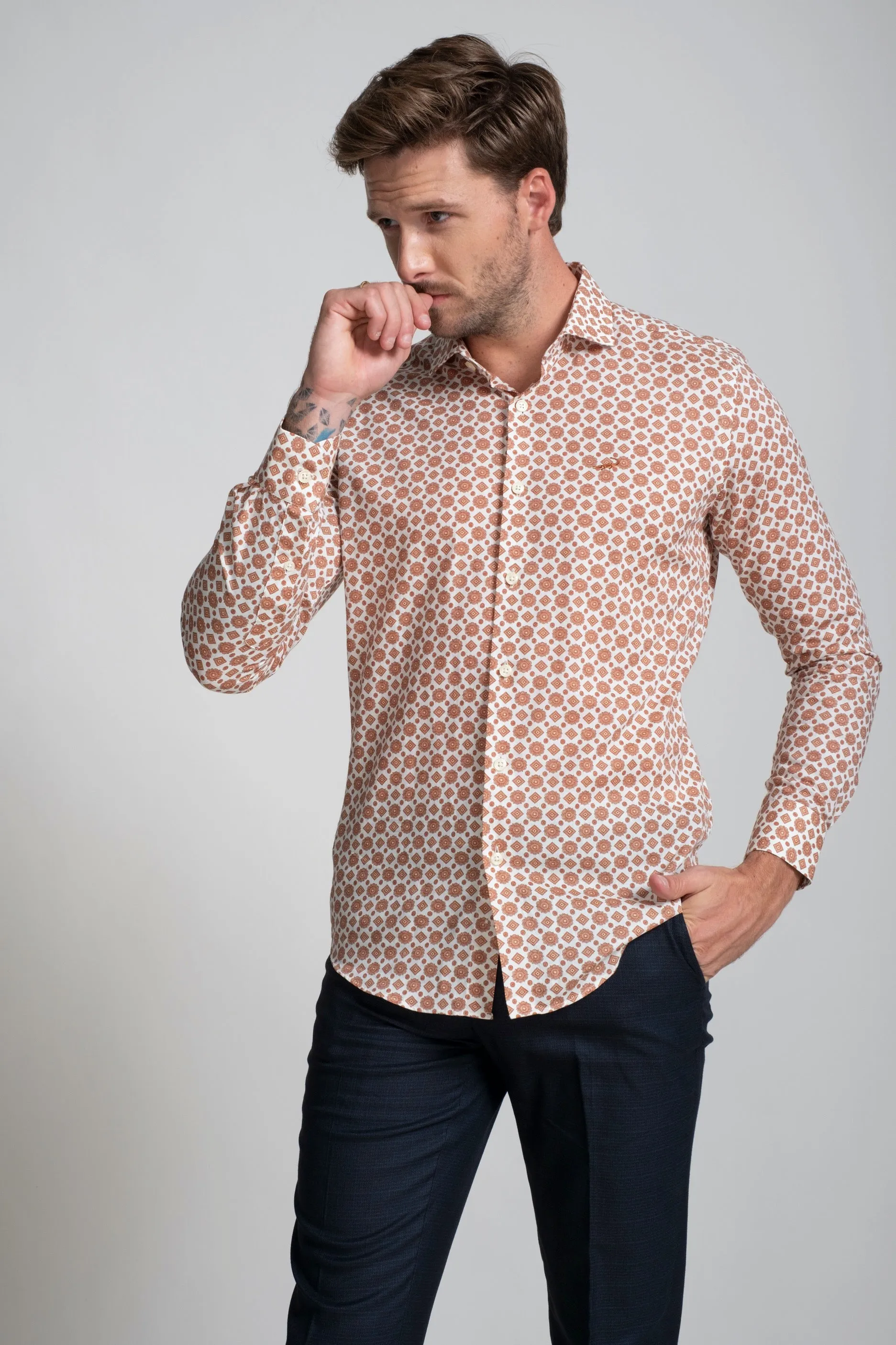 Slim Fit Long Sleeves-Casual Shirts  - Orange Apricot