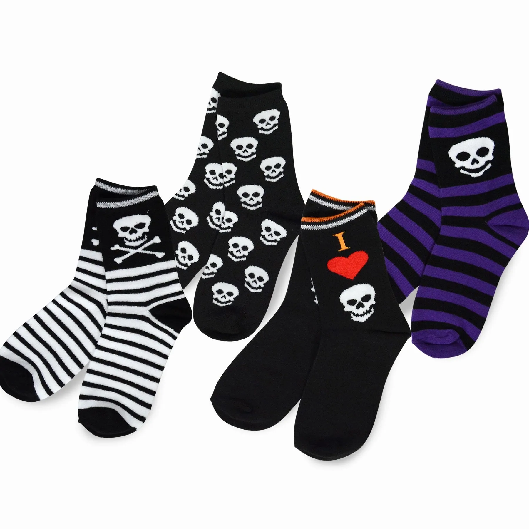 TeeHee Socks Kid's Halloween Cotton Short Crew Skull Stripe 4-Pack (11241)