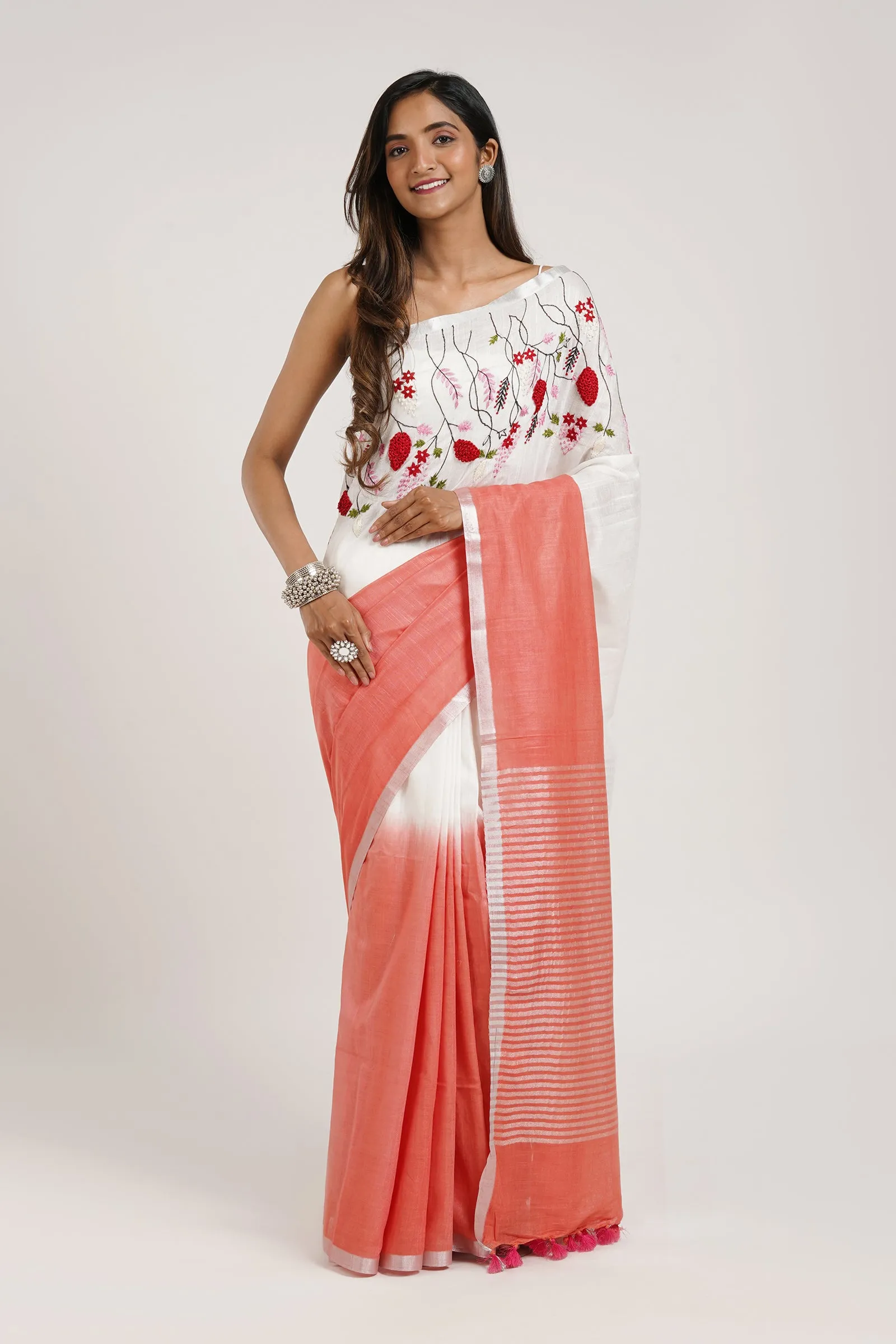 Teejh Floral Wave Red and White Linen Saree with Blouse Piece